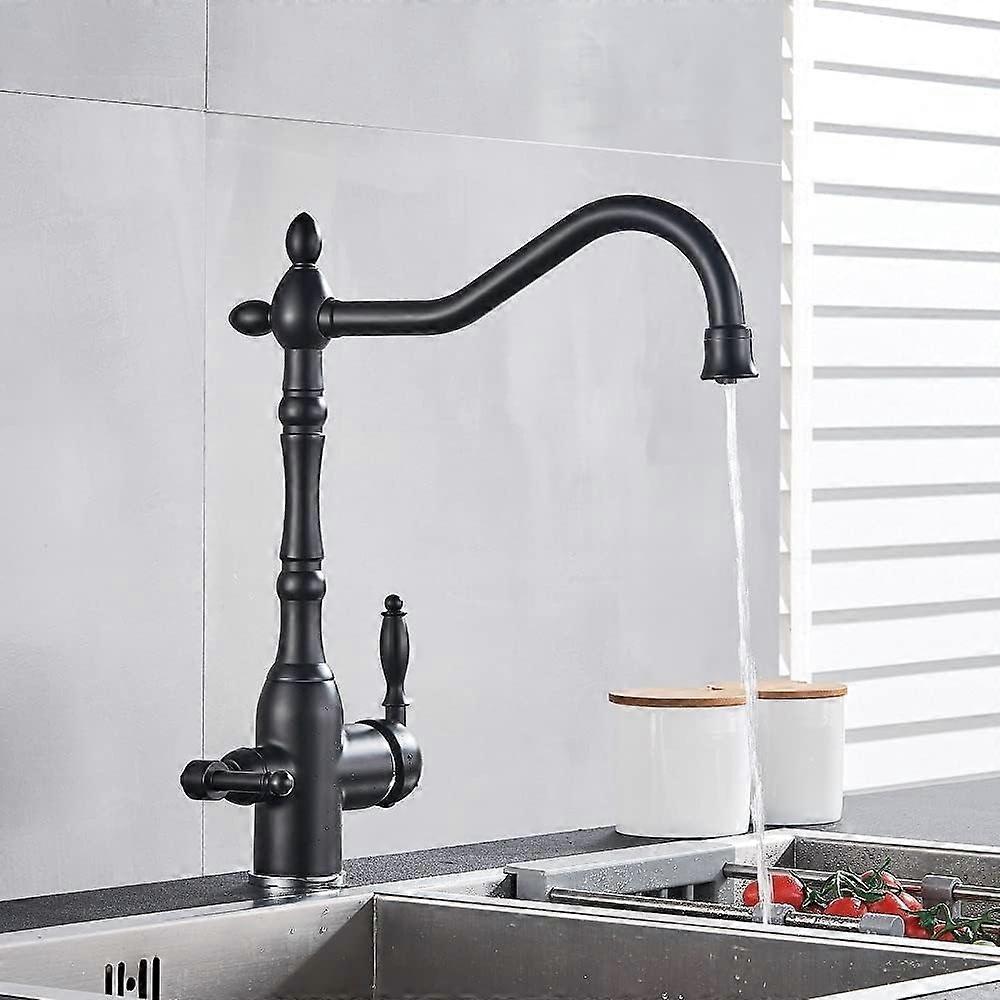 Kitchen Sink Faucet with 360° Swivel Dual Handles, Gold Filter Drinking Water Tap for Bar and Farmhouse (Black)