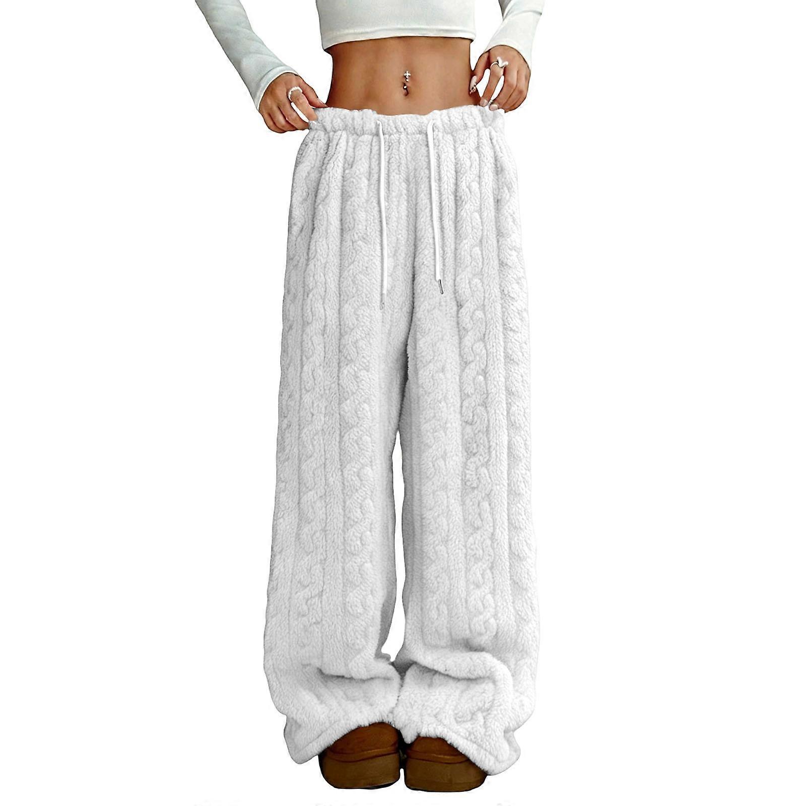 Women's pajama pants, plush flannel, comfortable drawstring pants with pockets, warm winter pants  White XL