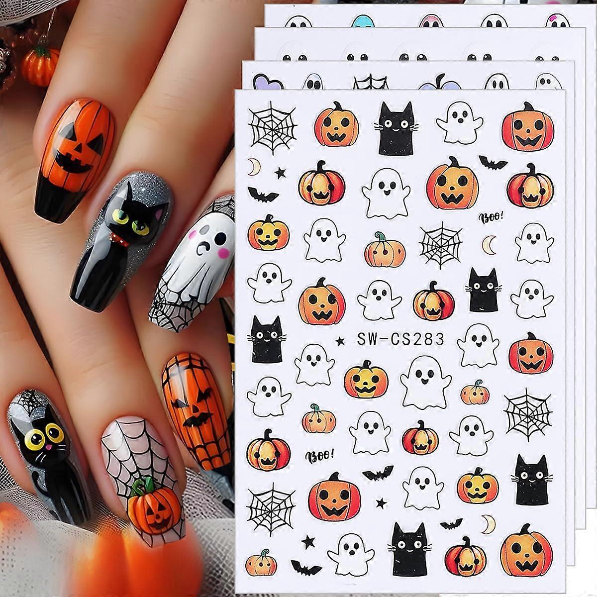 Halloween Nail Art Stickers 3D SelfAdhesive Decals with Ghost Pumpkin Bat Designs 4Pcs