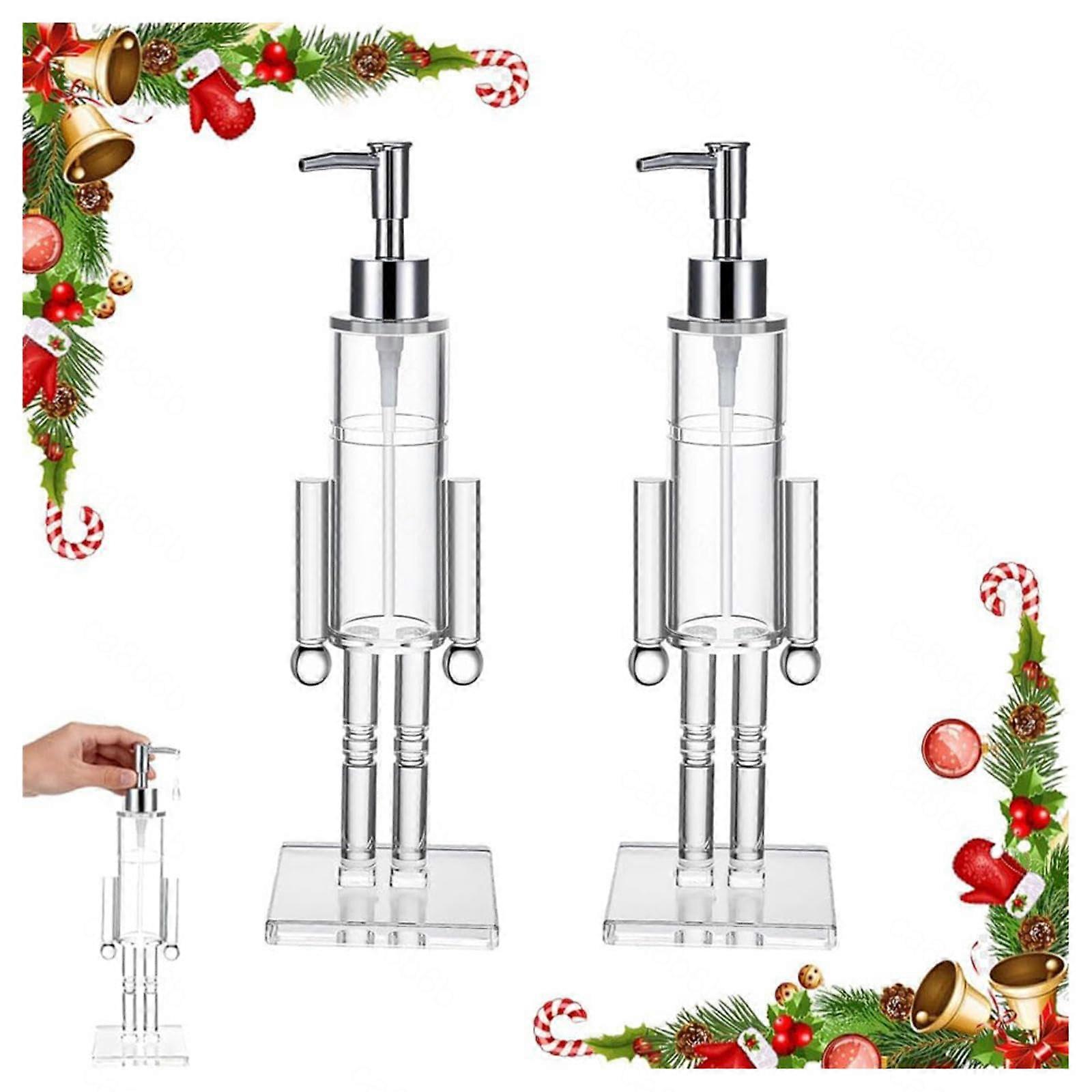 Nutcracker Soap Dispenser Clear Acrylic Refillable Holiday Lotion Pump for Bathroom Kitchen, 2PCS