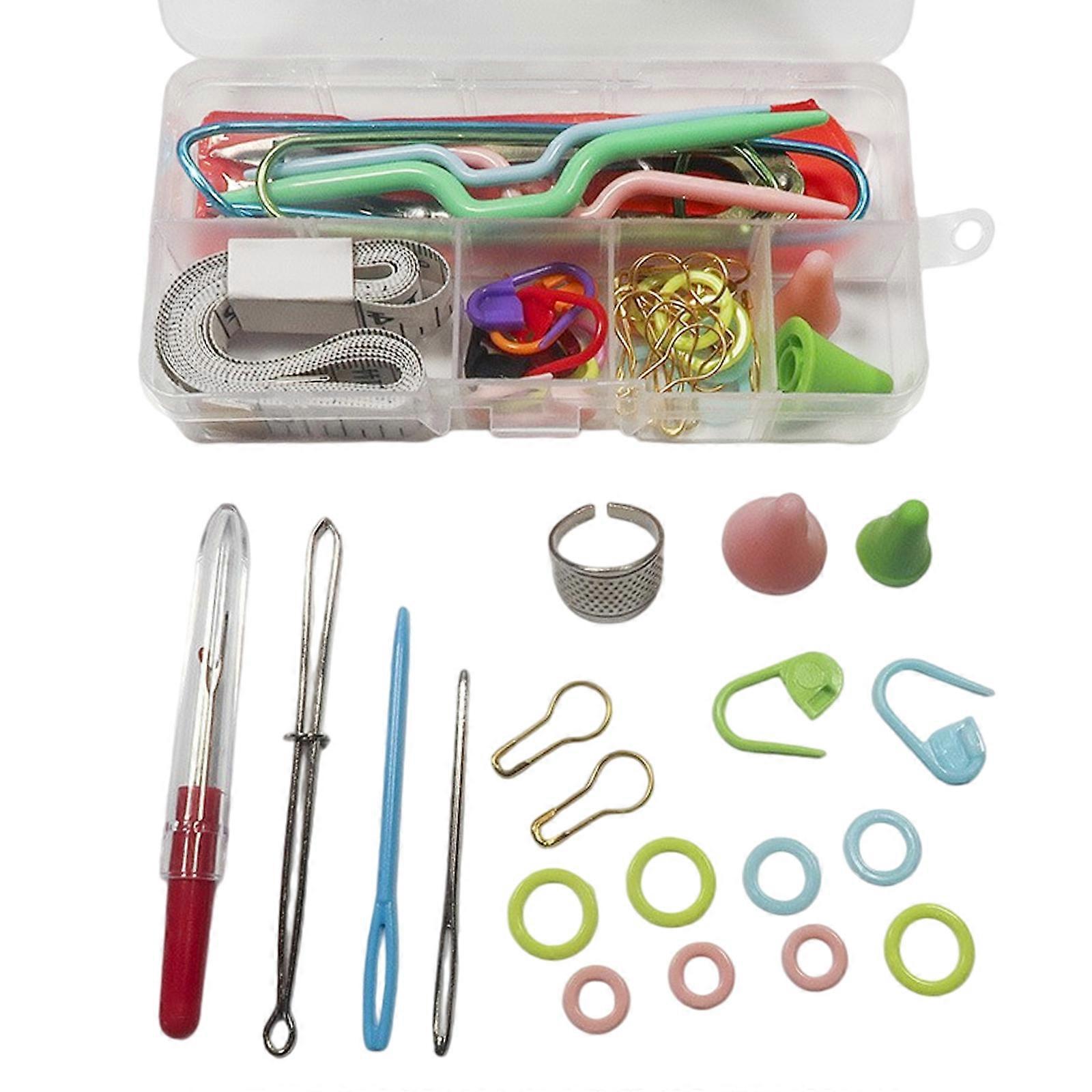 Multipurpose Knitting Tool Set Include Stitching Marker Thimble Drawstring Threader Scissors Storage Box For Crocheting Multicolor