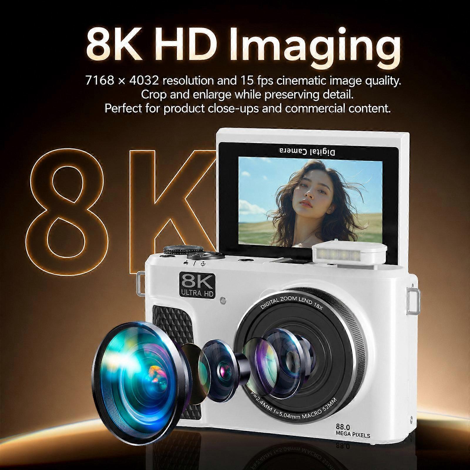 8K Digital Camera White 64GB Memory Card+USB Card Reader