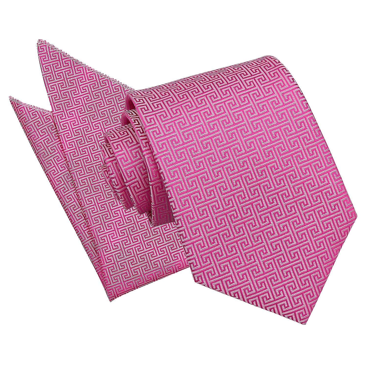 Fuchsia Pink Greek Key Tie and Pocket Square Set