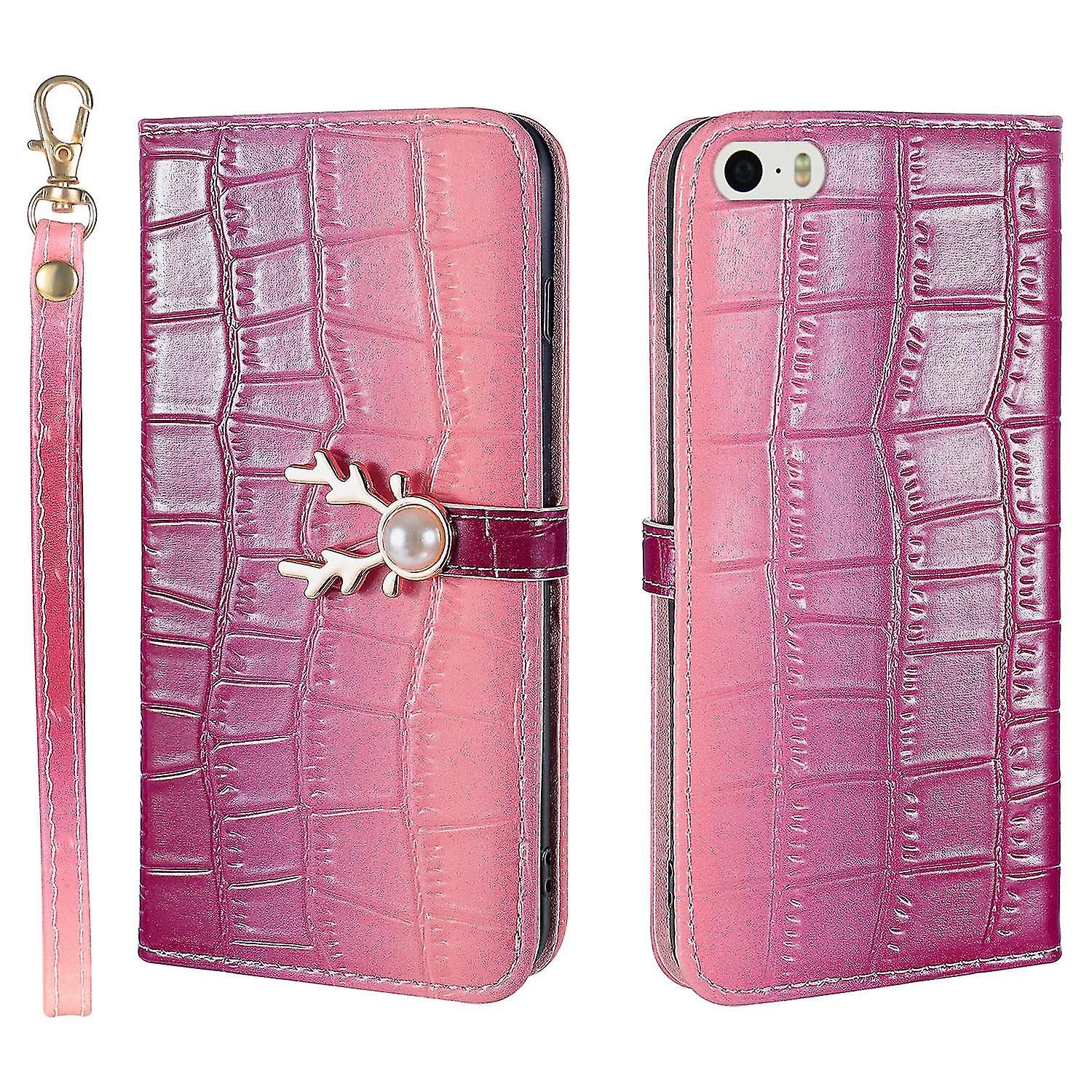 Elk Pattern Phone Case For Iphone 5 5s Se With Card Holder, Lanyard, Pu Leather Material, Wallet Function, Corner Fall Protection
