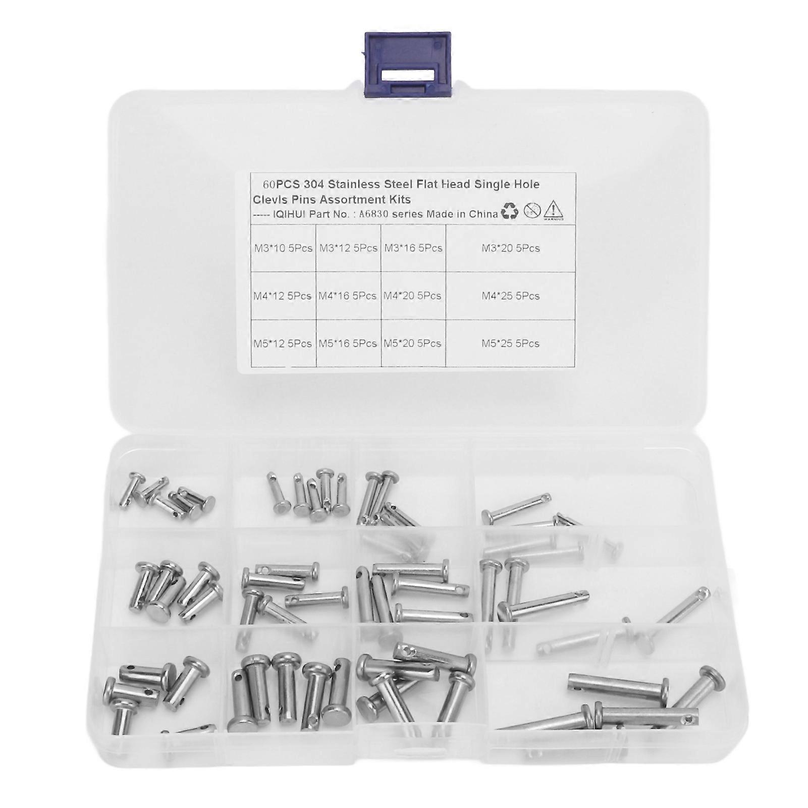 Kit sortido de pinos de clevis de aço inoxidável com 12 tamanhos, furo único, cabeça chata, formato T, redondo, para carro, 60 peças