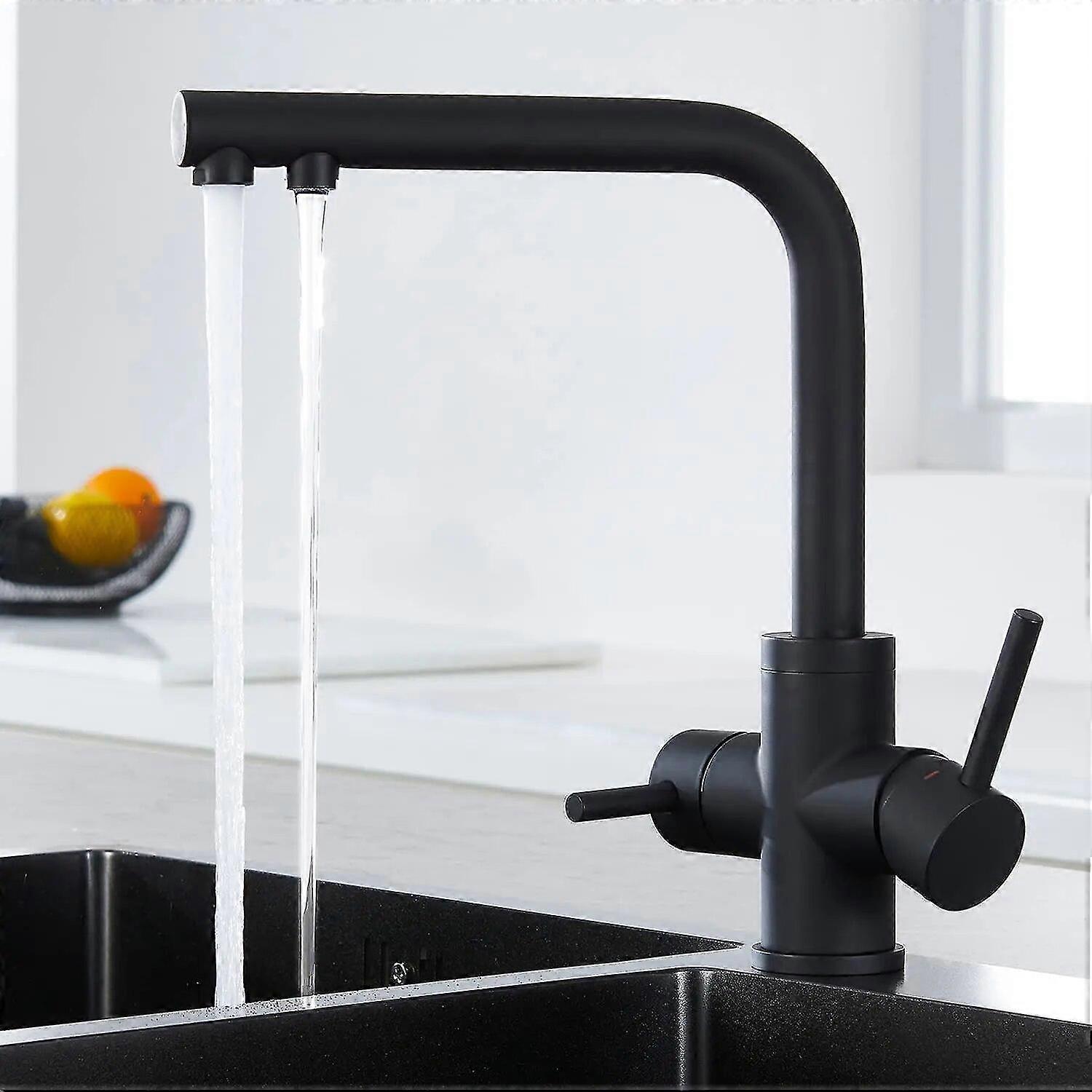 Haute qualitéCombinaison de robinet de cuisine Rotation à 360 degrés Eau filtrée Évier de commande à double poignée Robinet noir Robinet d’eau chaude et froide