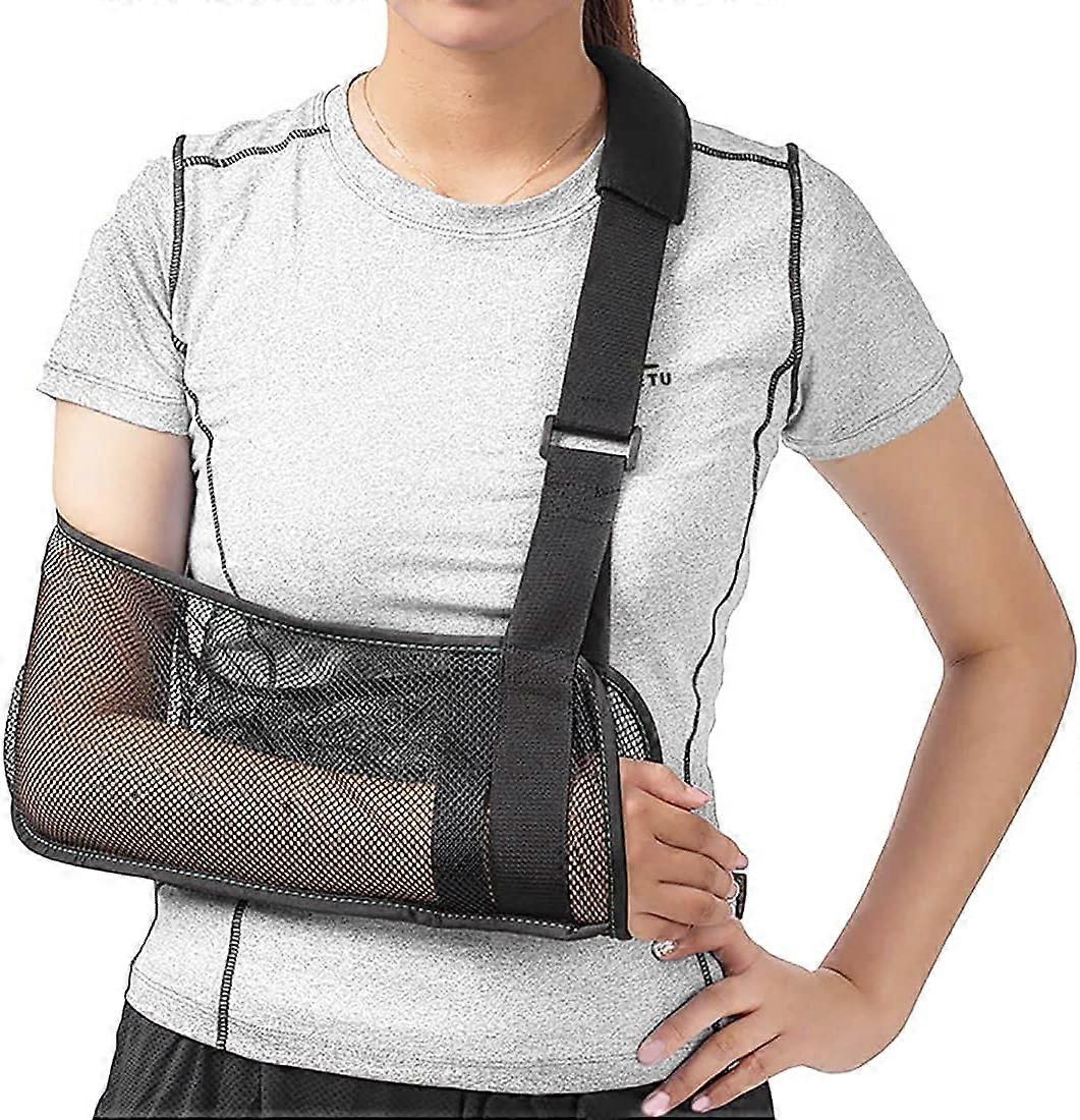 Medical sling for arm support, shoulder and rotator cuff immobilization With support strap Light and breathable fabric Black