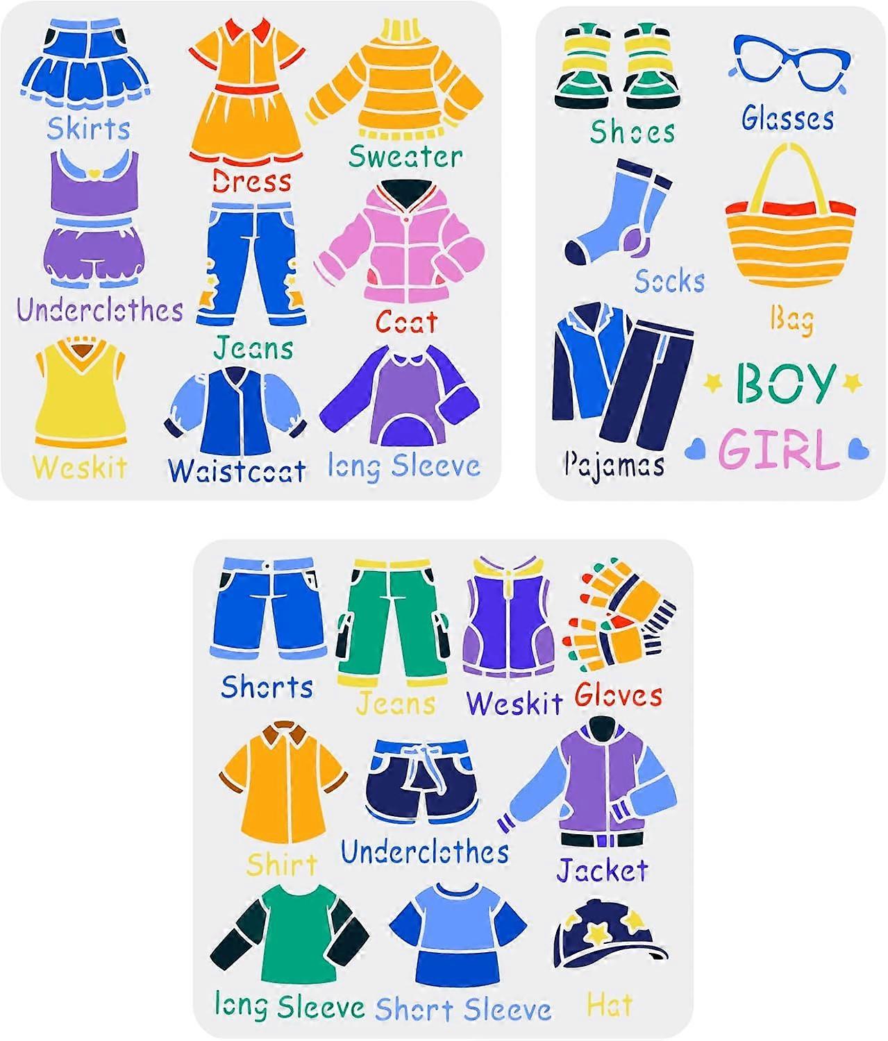 3Pcs Clothes Pattern Stencils for Painting Reusable Costume Drawing Template Skirts Shirts Shoes Pattern Painting Stencils for DIY Crafts Home Decor W