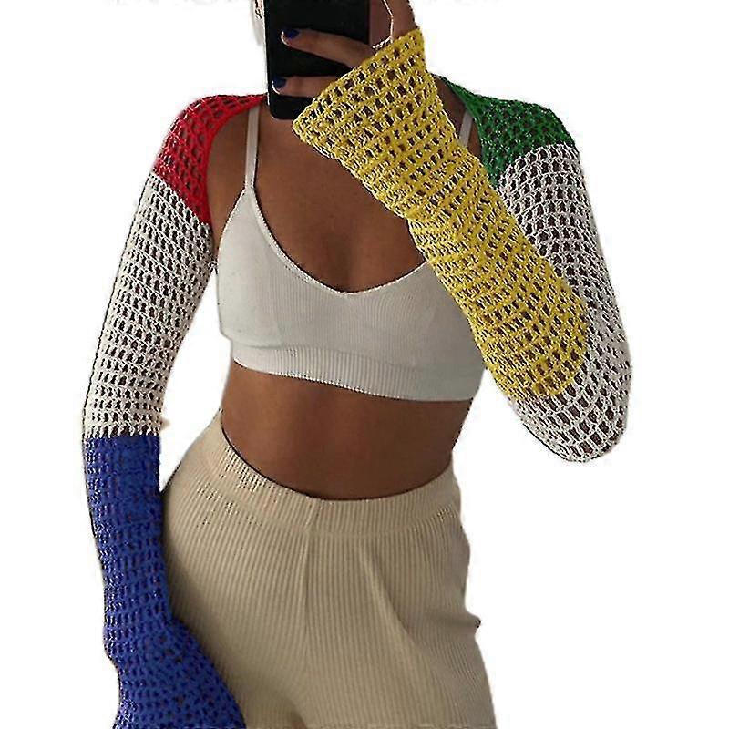 Women Long Sleeve Crochet Knit Crop Top Contrast Color Patchwork Cutout Sweater Shawl Shrug Hollow Out Mesh Open Front Fishnet Cover Up Cardigan