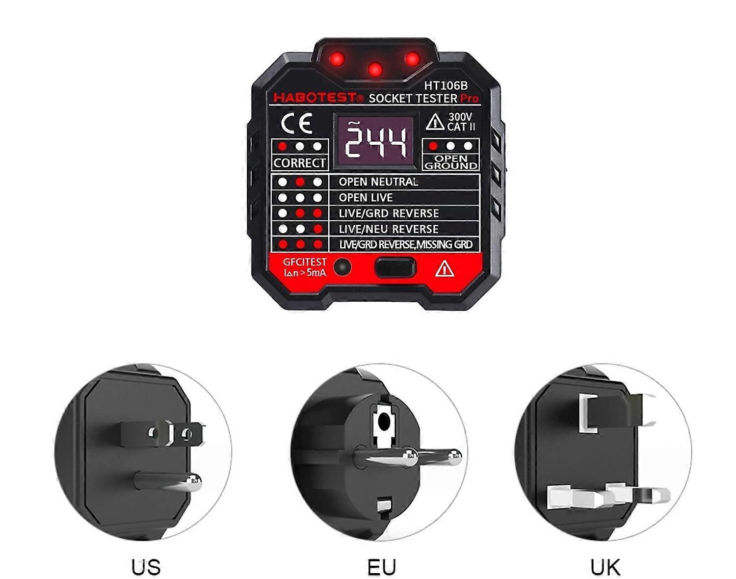 HT106 HT107 Socket Tester Pro Voltage Test Socket Detector UK EU Plug Ground Zero Line Plug Polaritetsfasekontroll