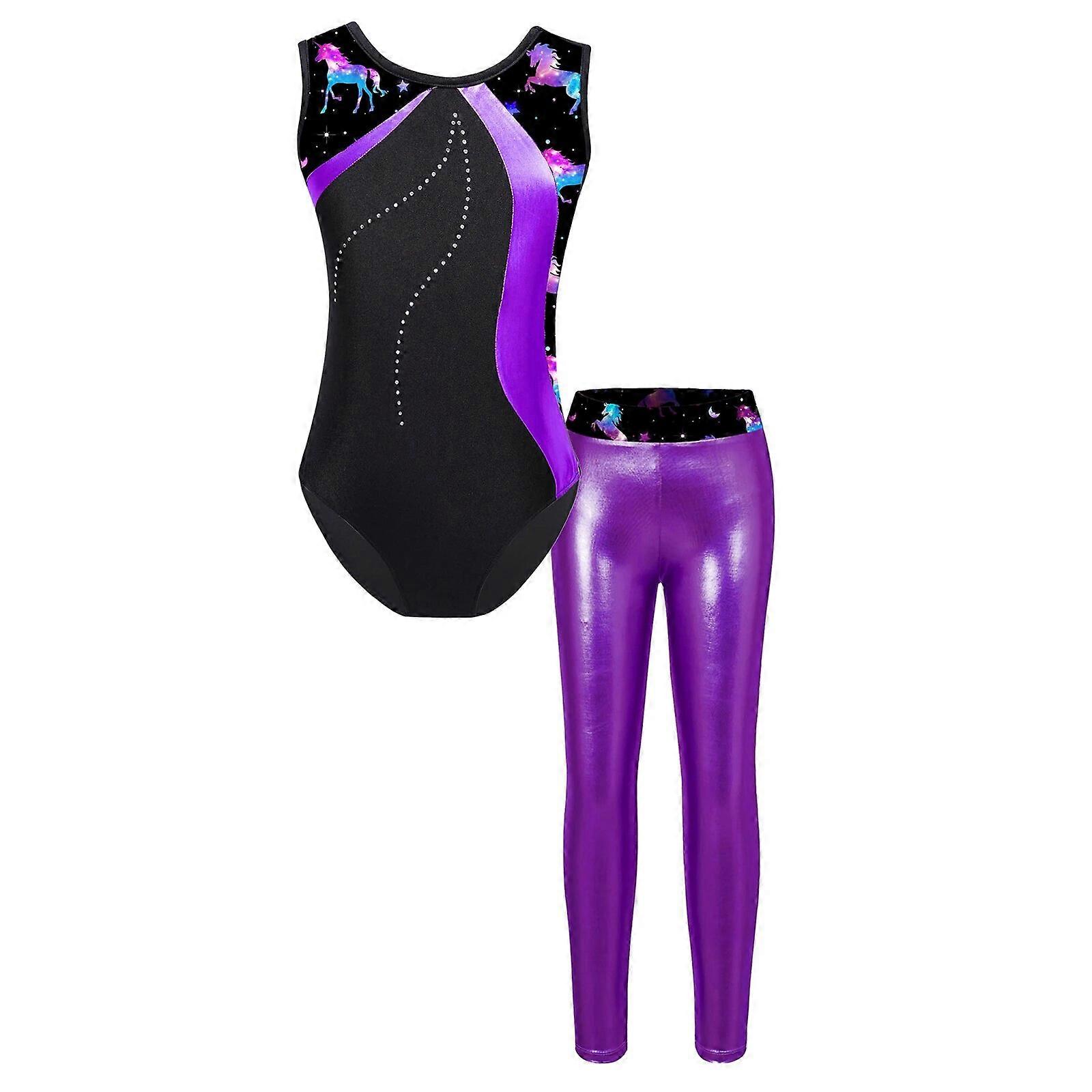 キッズガールズノースリーブヒョウプリントパッチワークバレエレオタード、メタリックレギンス付きダンスパフォーマンス体操服