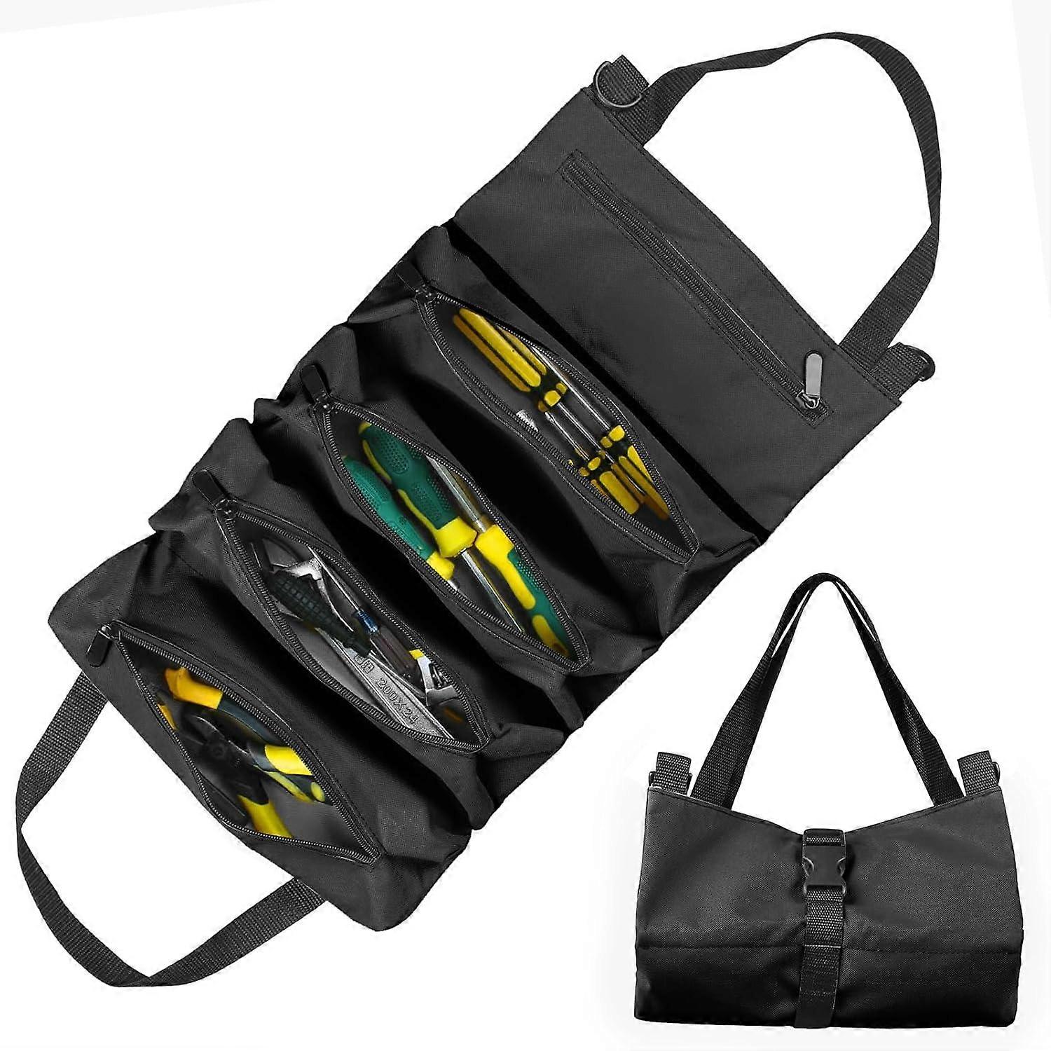 good Tool Roll Bag, Canvas Tool Bag for Wrenches, Multi-Purpose Rolling Bag with 5 Zipper Pockets, Ideal for Plumbers and Electricians (Green) (Black)