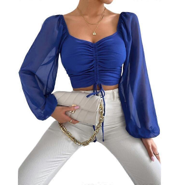 Women's Lantern Sleeve Drawstring Ruched Blouse Top