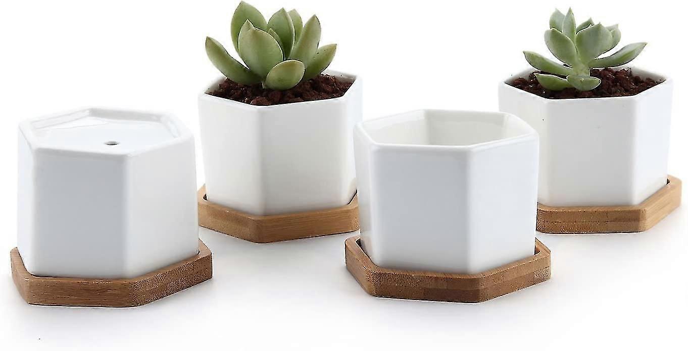 Small White Succulent Planter Pots With Bamboo Tray Hexagon Set Of 4, Geometric Cactus Plant Holder Container For e Office Table Desk Decoration Fo