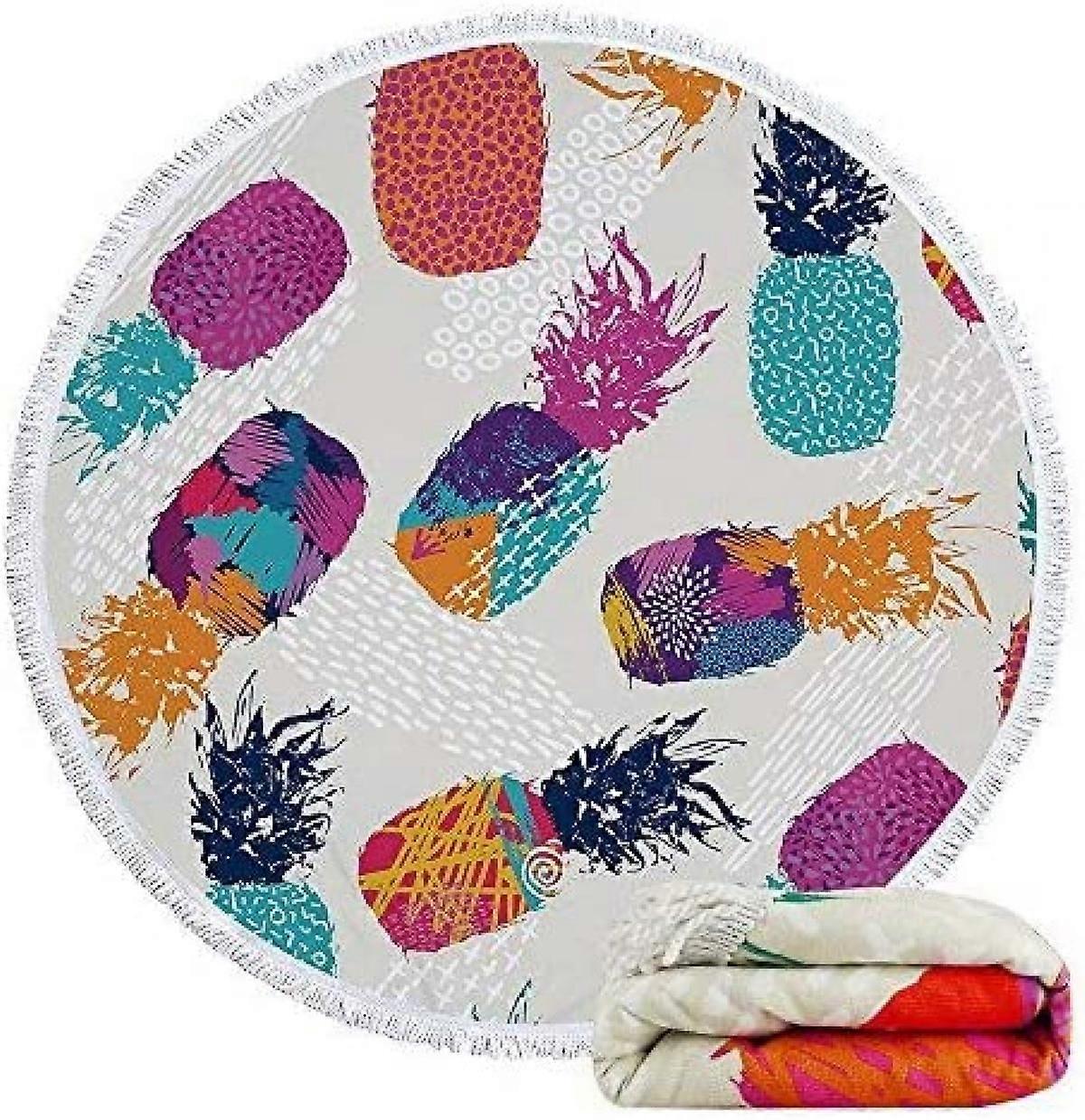 Microfiber Tropical Pineapples Round Beach Towel Throw Blanket With Fringed 59" Soft Absorbent Quick Dry Picnic Yoga Mat For Women