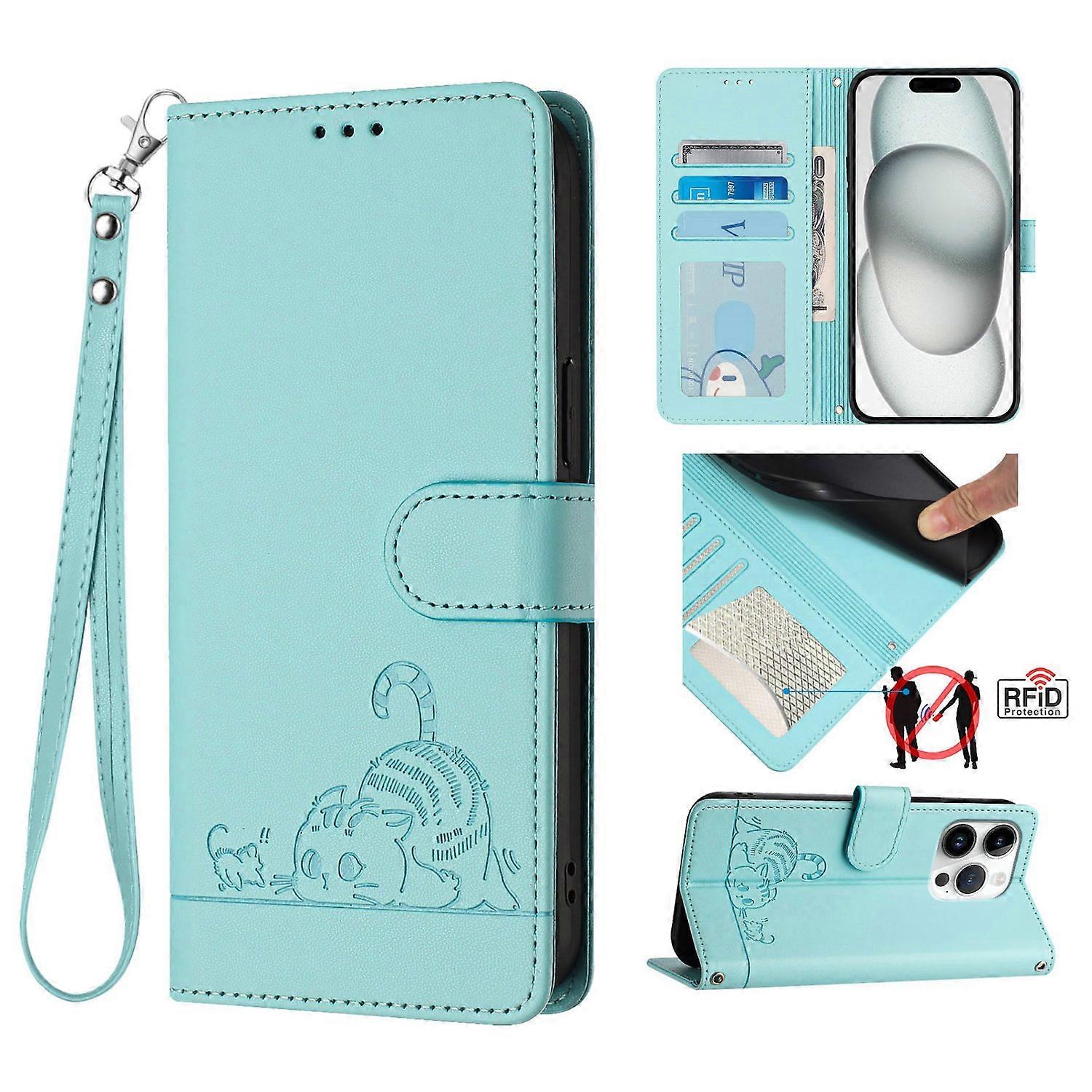 For iPhone 16 Pro Case with Strap RFID Blocking Leather Wallet Phone Cover Cat Mouse Pattern