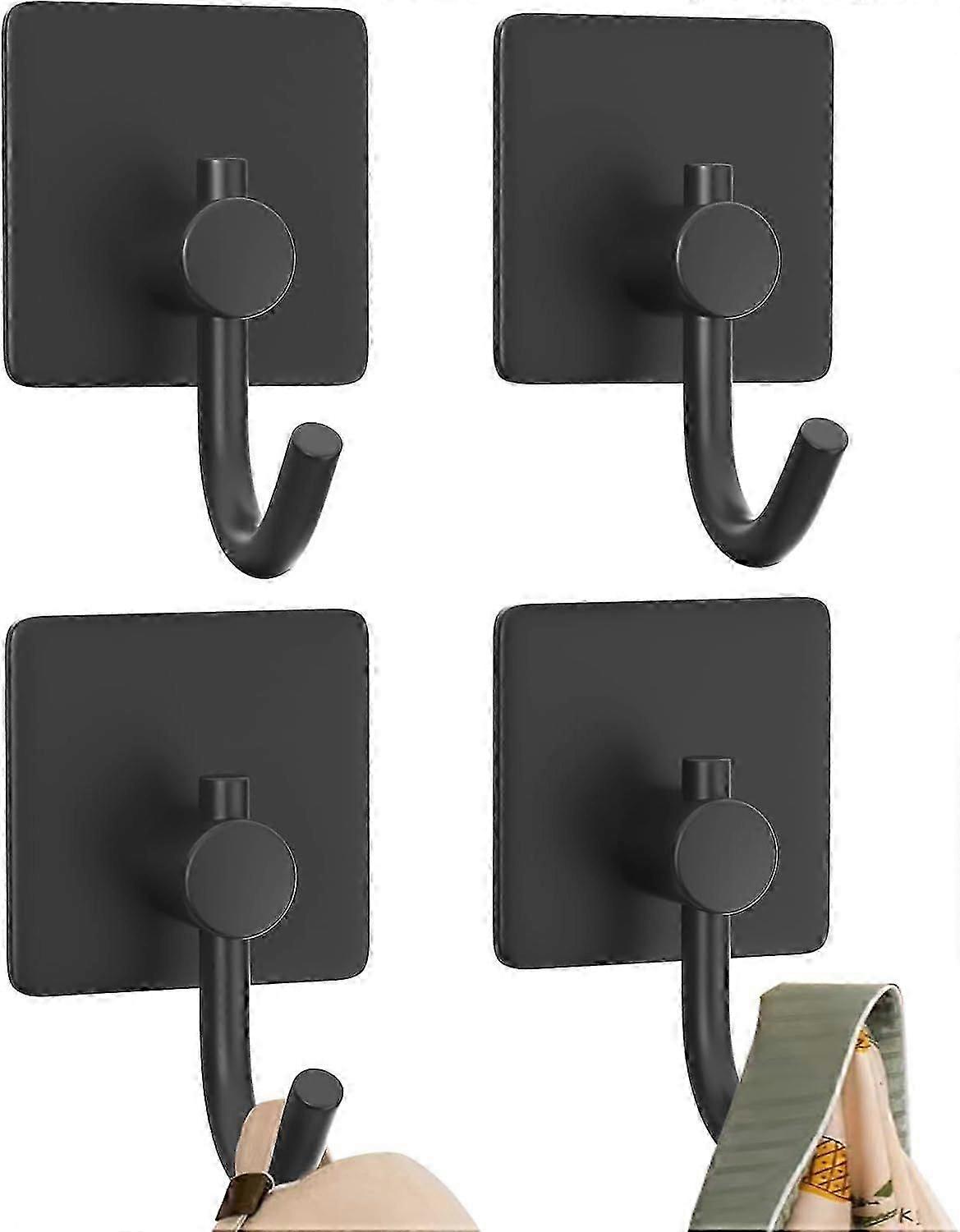 4 Pack Self Adhesive Hooks,Bathroom Tower Hooks and Kitchen Hallway Sticky Black Hooks,Coat Hooks Robe Hook Wall Mounted