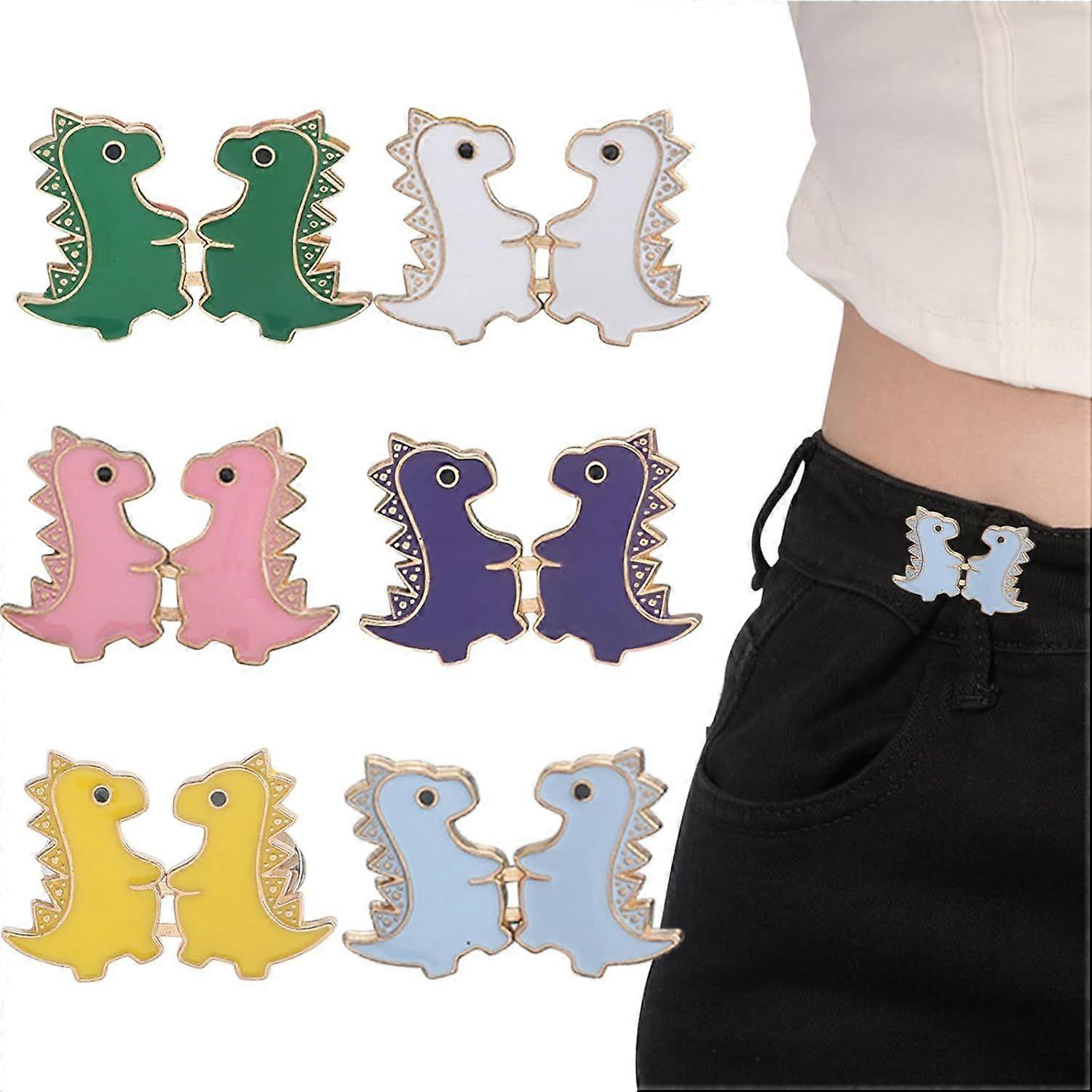 6 Sets Instant Pant Waist Tightener - Cute Dinosaur Button Pins for Jeans,Tool-Free Adjustable Loose Jeans Waist Buckle for Women Men Girls Kids