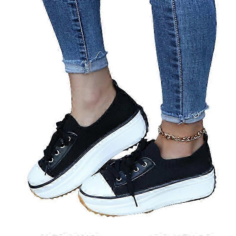 Damesneakers Flad platform åndbar strikket overbind afslappede sko