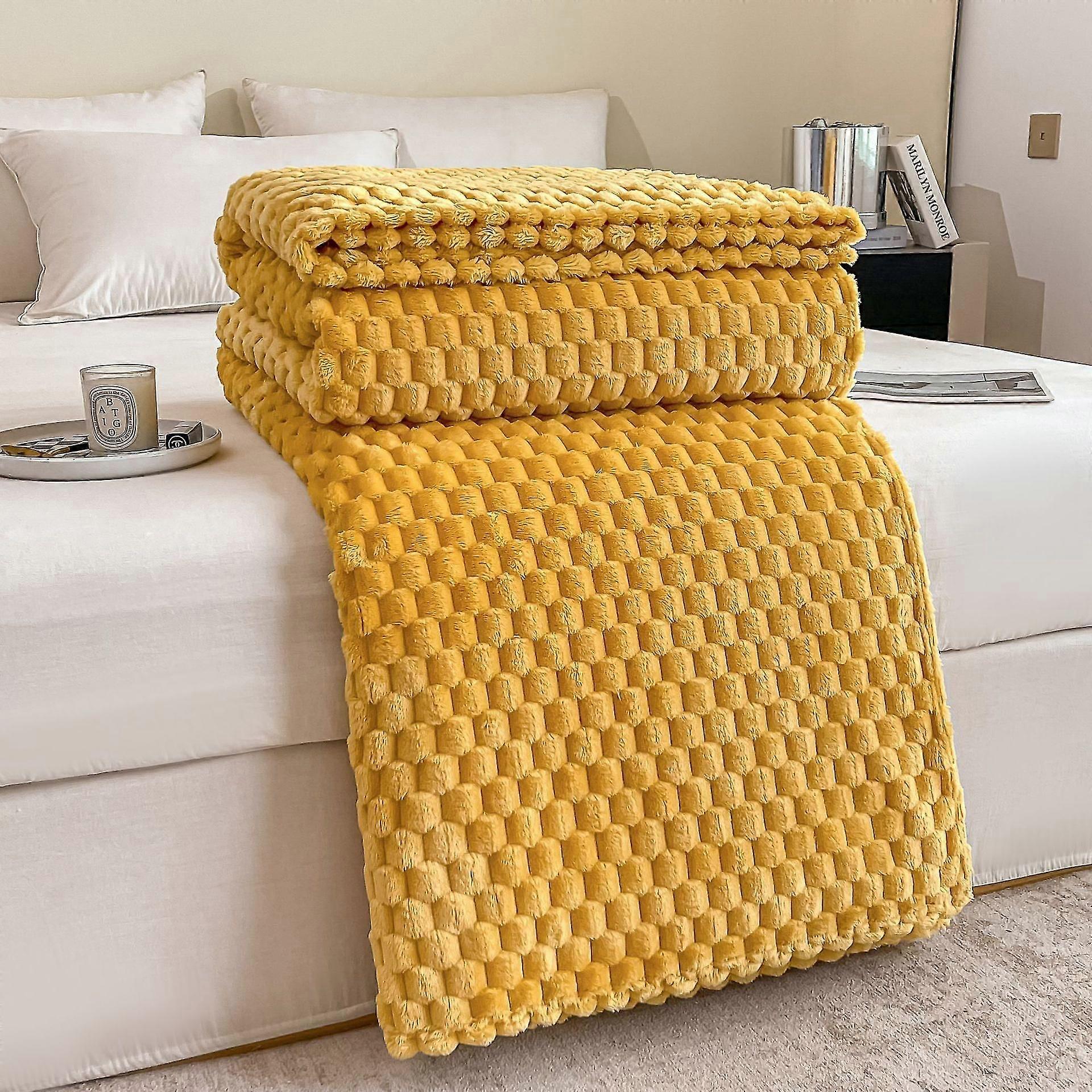 Plush plaid blanket for sofa 100x150yellow