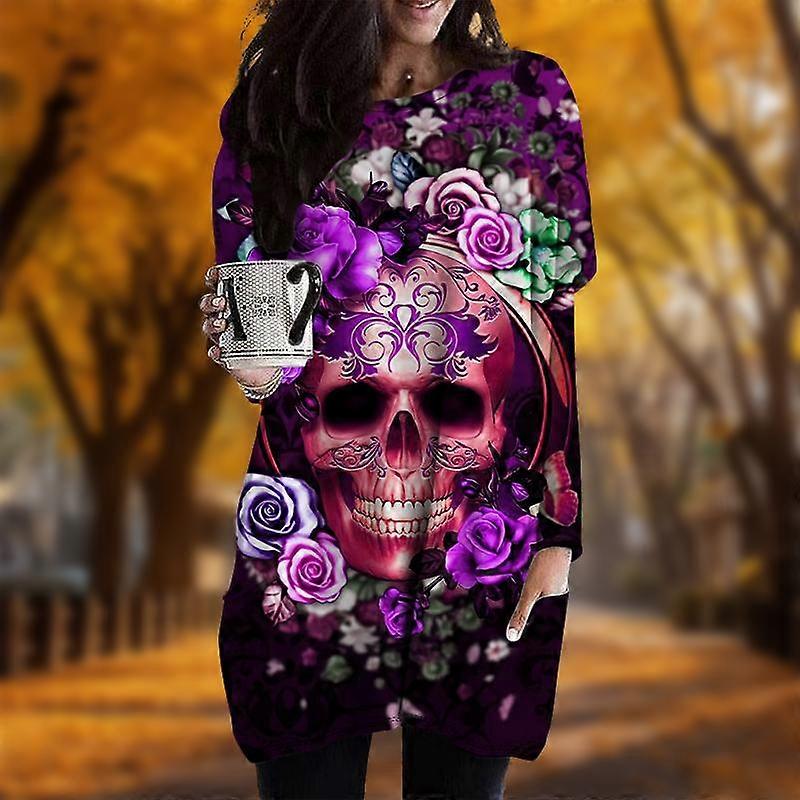 Nou în toamnă Craniu Floare Cluster Imprimeu Rochie Plus Size Femei O'neck Manșon Lung Rochii de buzunar casual