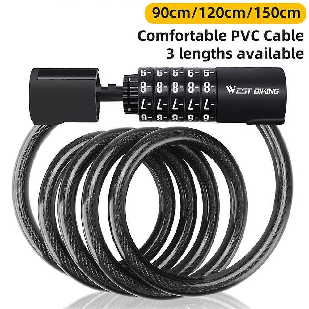 Bicycle Lock 90/120/150cm Black Cable 5-Digit Combination Security