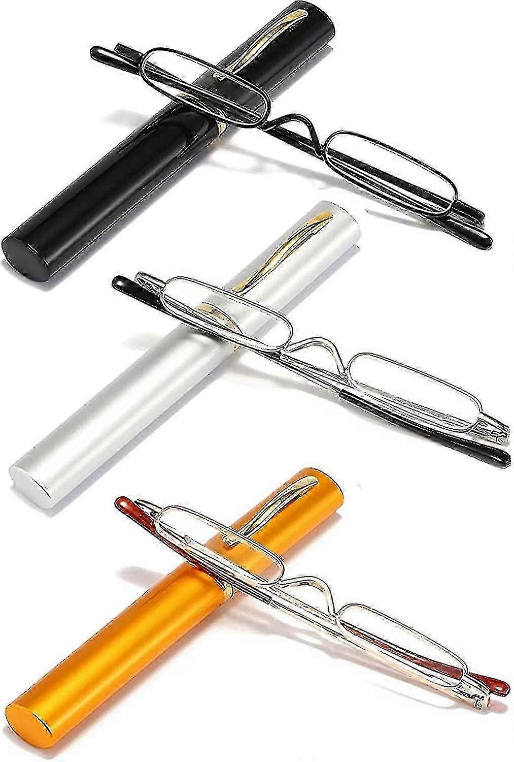 3ペアスリムミニメタル老眼鏡コンパクト軽量ポータブルリーダー、読書ケース用メガネケース付き-SS