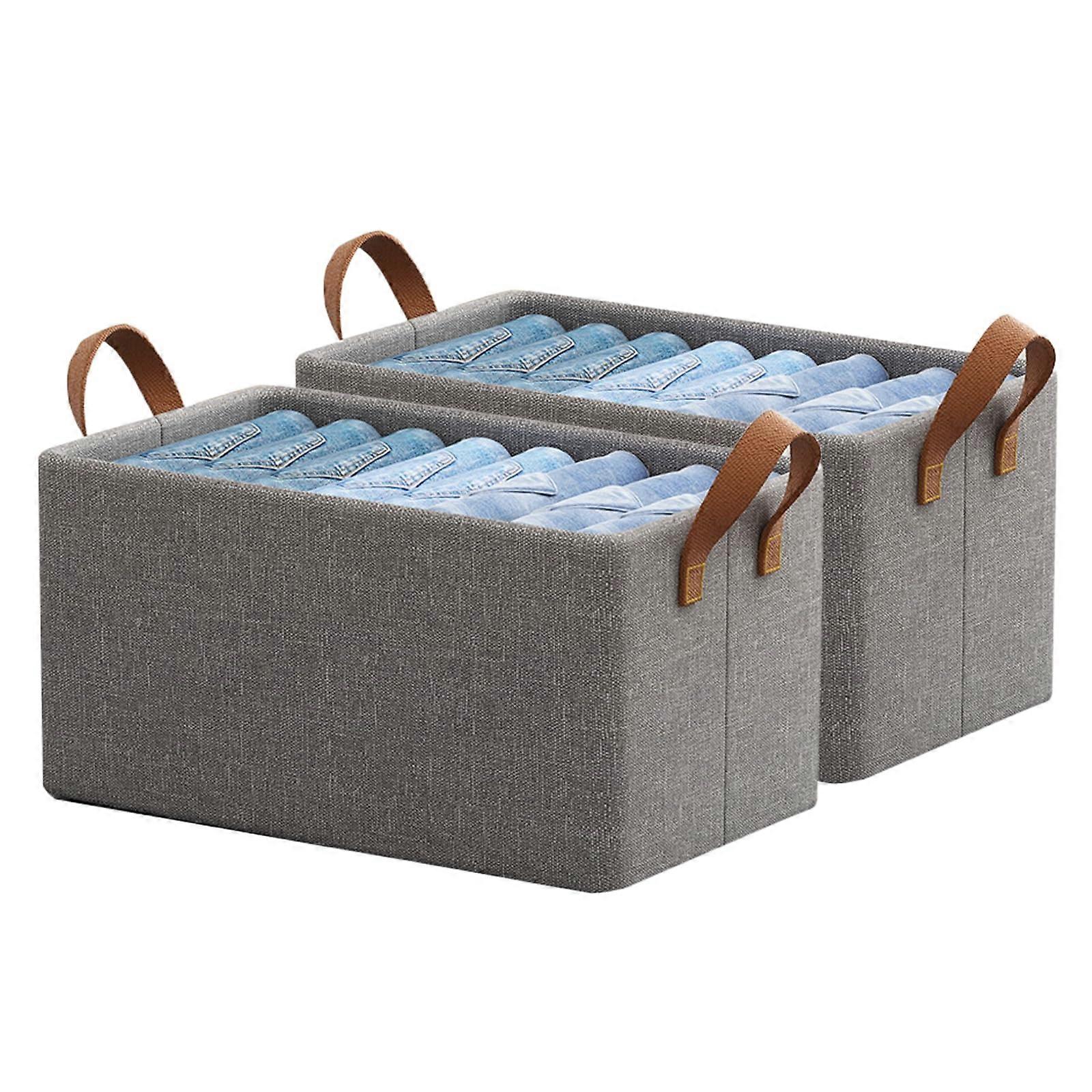 Foldable Storage Baskets with Handle, Pack of 2, 47 x 28 x 20 cm, Fabric Storage Box, Grey for Clothes, Trousers, Sweaters etc. (Grey) (2)