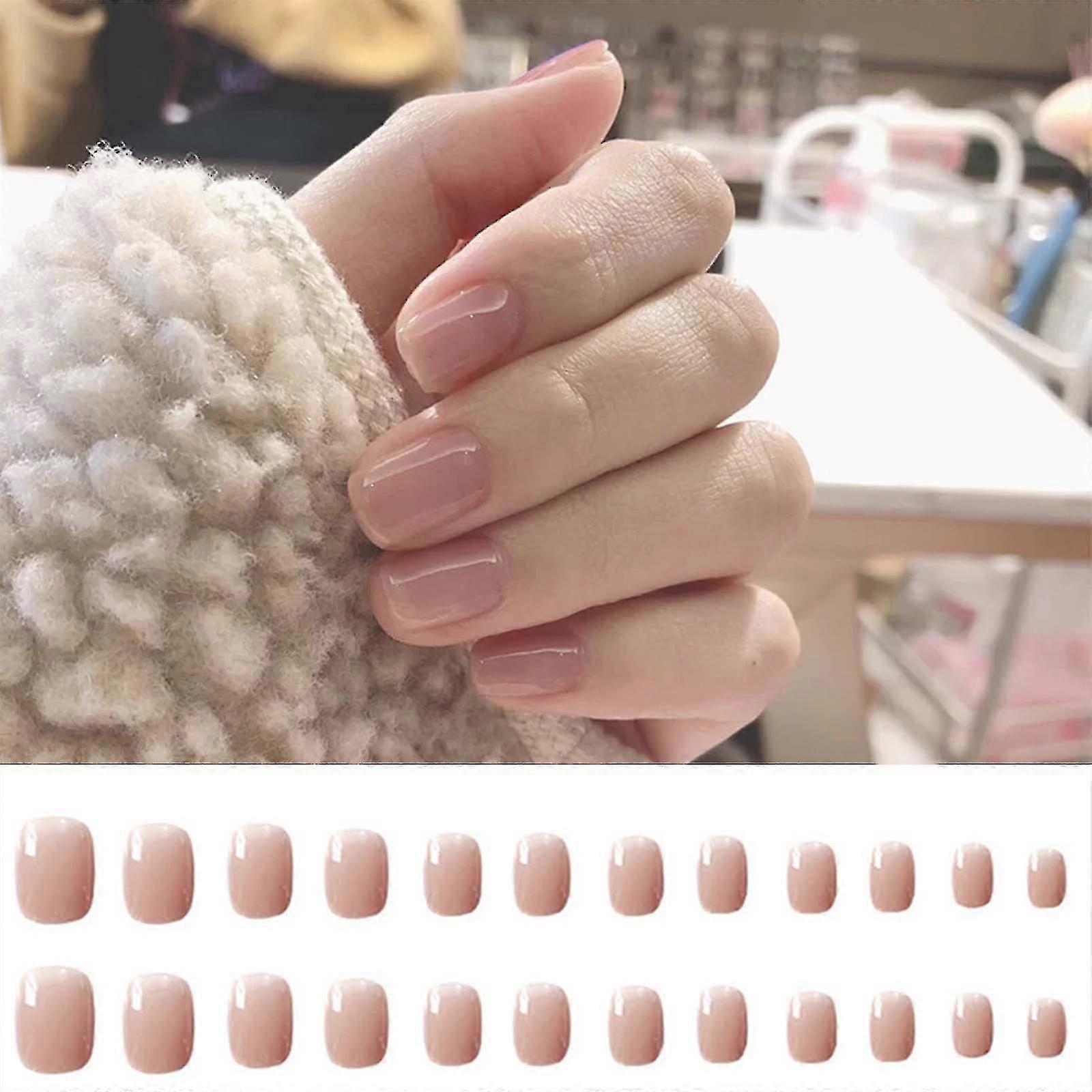 24Pcs Summer Fresh Short Square Round Solid Color Bright Oil Ice Transparent Nude Color False Nails with 3Ml Bonus