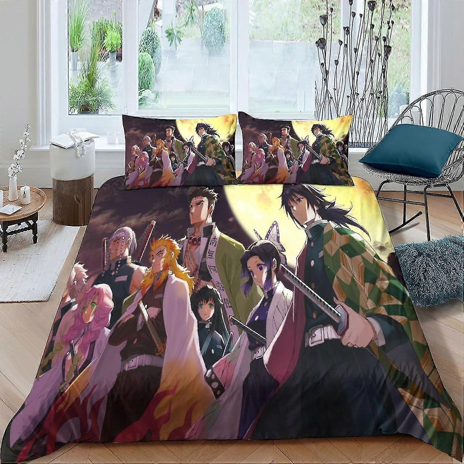 3D Print Demon Slayer Duvet Cover Bedding Set, 3 Pcs Animation Quilt Cover Pillowcase with Zipper Closure Soft Microfiber Double