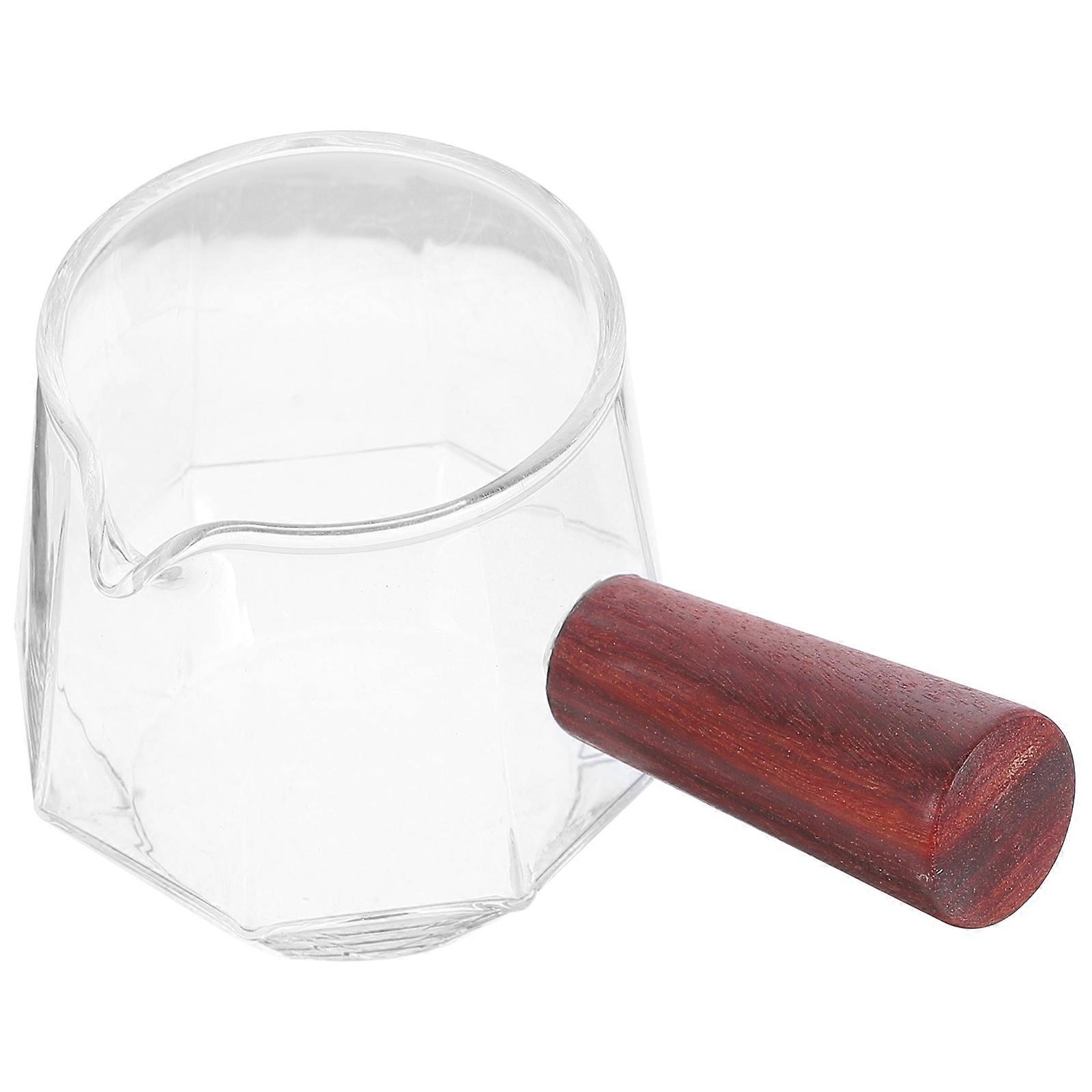 Transparent Glass Creamer Pitcher for Home Use with Stable Wood Base and Special Spout Design 7.5 oz