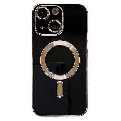 حافظات الهاتف المحمول لهاتف iPhone 15 Plus Magsafe Plating TPU جراب هاتف مع فيلم عدسة (أسود)
