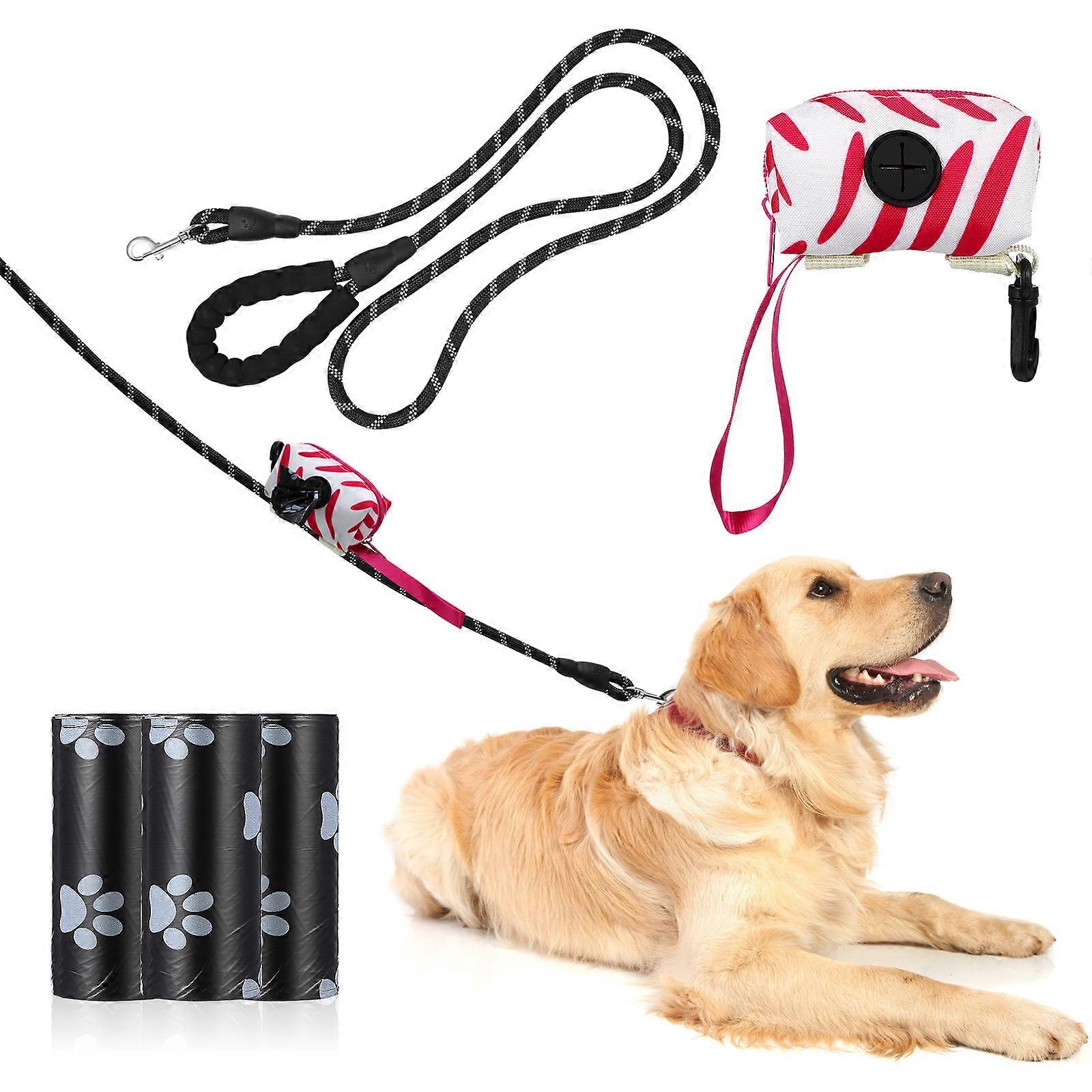1 Set Dog Leash Poop Bags With Bag Dispenser For Dog Walking And Outdoor Use Features Durable Nylon Rope And Fabric Material
