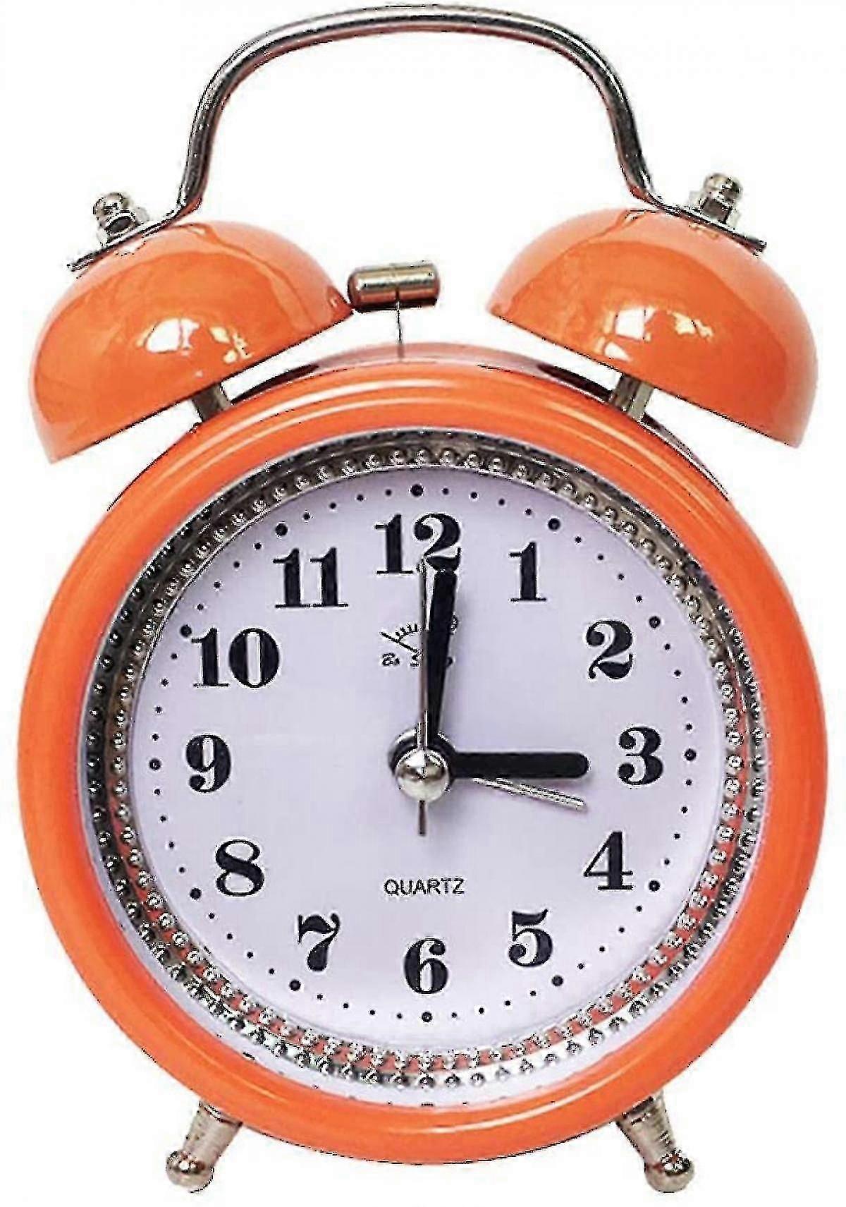 "3.15' Retro Twin Bell Alarm Clock Battery Operated Silent Non-ticking Bedside Desk Analog With Backlight - Orange, 12x8x5cm"