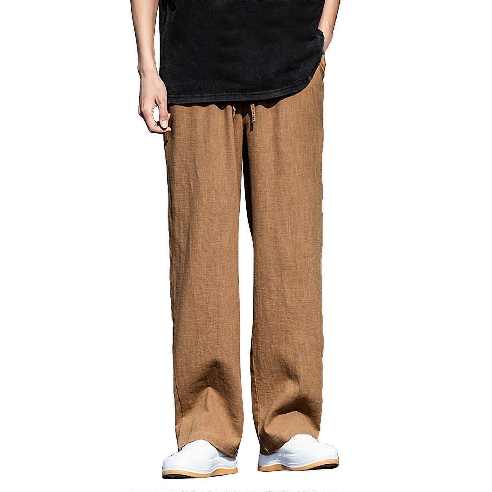 Men's Beach Trousers Plain Long Lightweight Summer Drawstring Loose Fit Brown XL