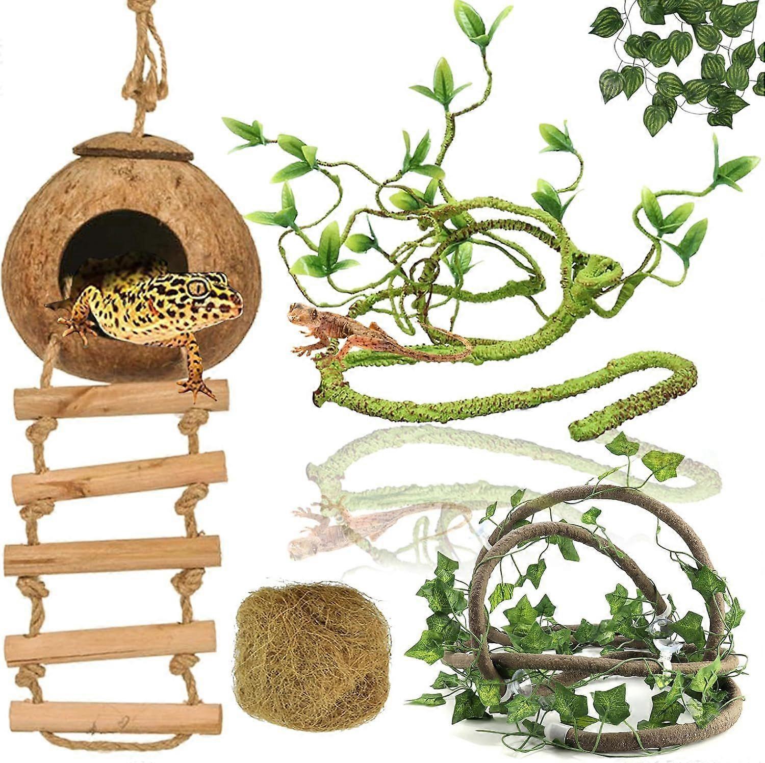 Crested Gecko Tank Accessories, Reptile Vines and Plants Coco Hut Coconut Shell
