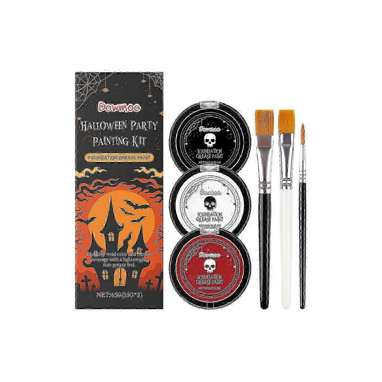Halloween Party Painting Kit, 3 Colors Foundation Grease Paint with 3 Brushes, Vibrant High Coverage, Lightweight Non-Greasy for Face Body Makeup, Cos
