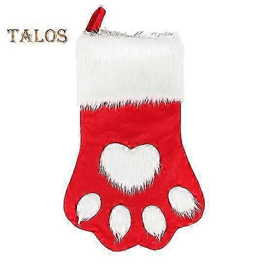 Christmas Stocking Pet Paw Shape Xmas Stocking with White Fluffy Cuff Holiday Fireplace Hanging Sock Decoration