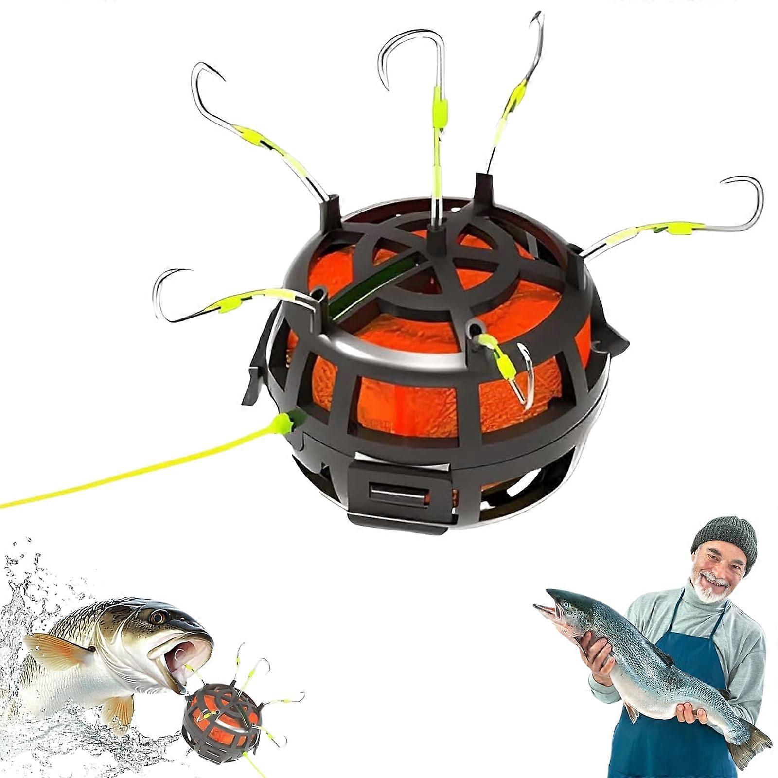 Reverse Bottom Bait Cage Fishing Hook 360Degree Floating Rig, 6Hook For Carp Catfish, Powder Pellet Baits