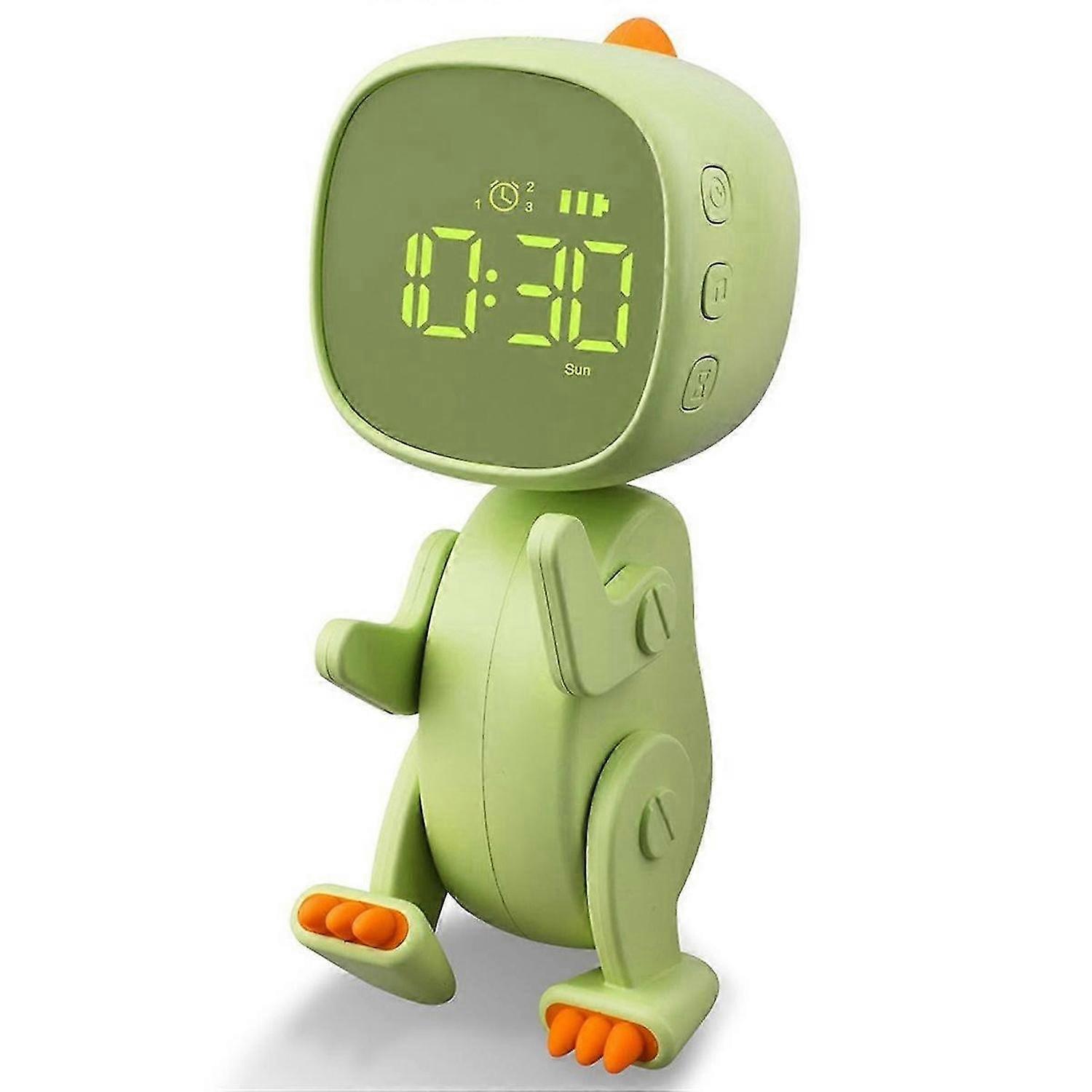 Children'S Digital Alarm Clock, Three Alarms, Dinosaur Alarm Clock with Variable Shape, Snooze, Night Light Timer Green