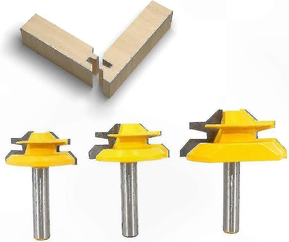 45° Lock Miter Carbide Router Bit Set, 3-Piece with 8mm Shank for Woodworking Applications