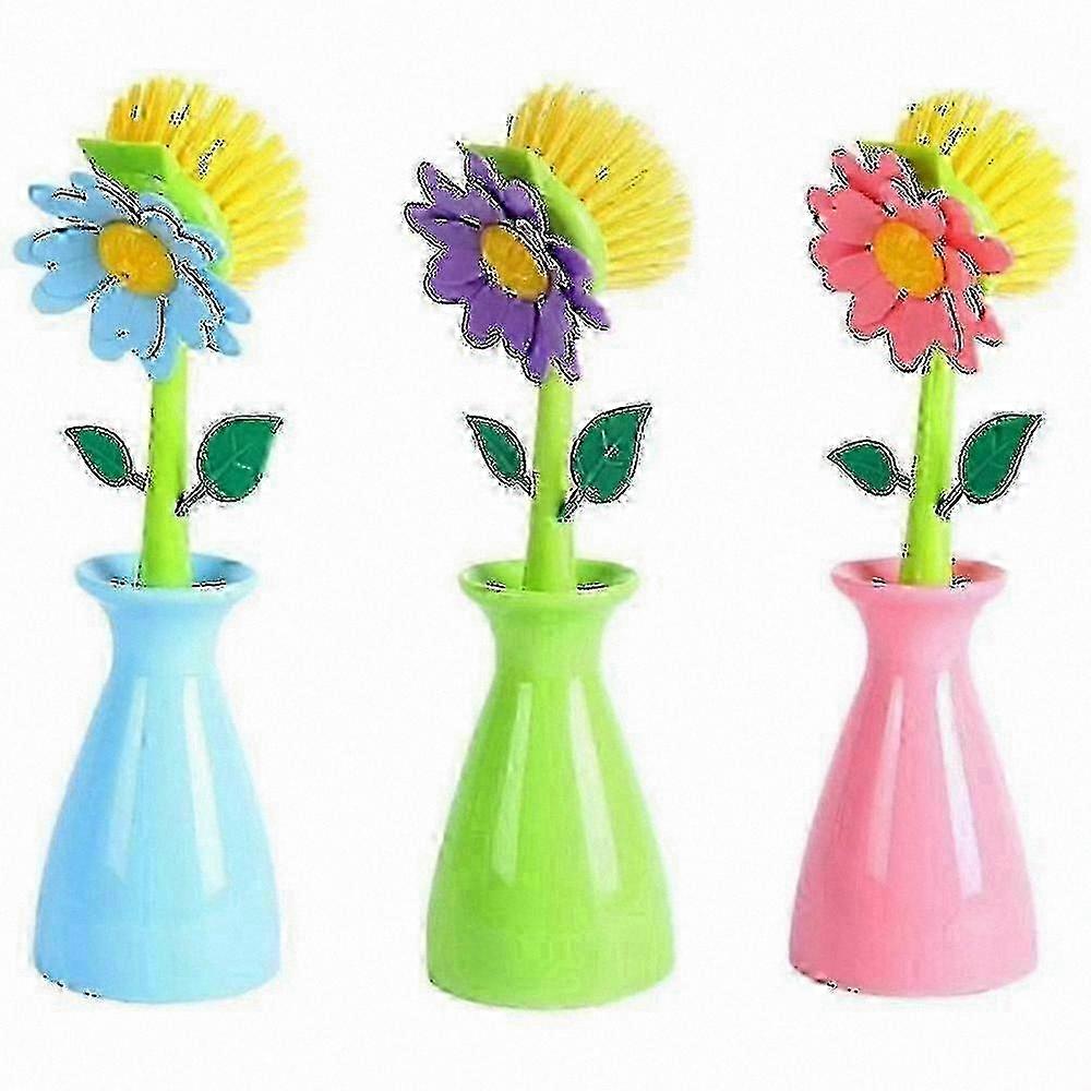 Long-Handle Flower Scrub Brushes for Pots, Pans, and Kitchenware Cleaning (3-Pack)