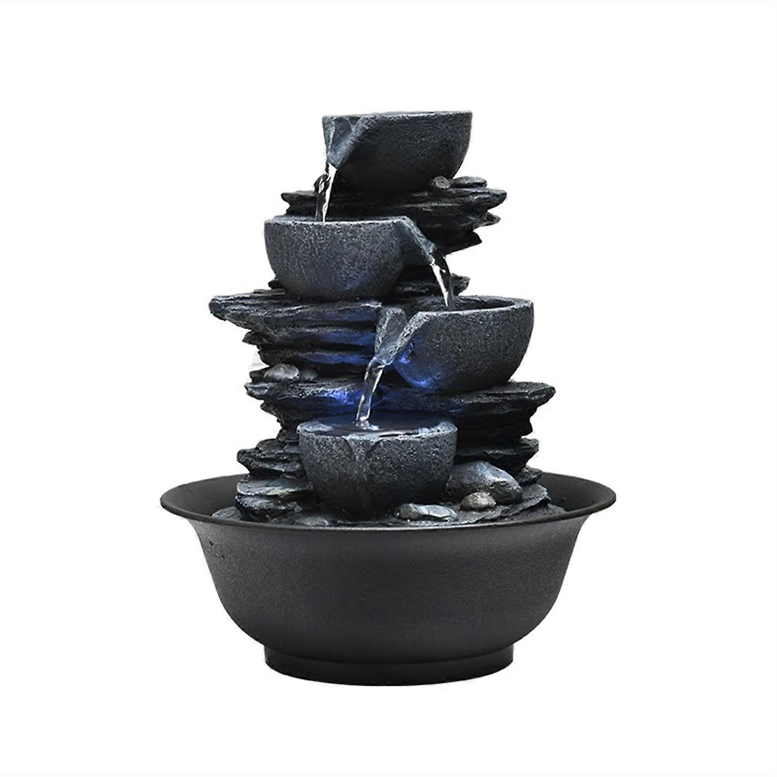 Tabletop Fountain LED Lighted Waterfall Desktop Fountain With Tiered Rock Design Quiet Soothing Water Sound Color 1