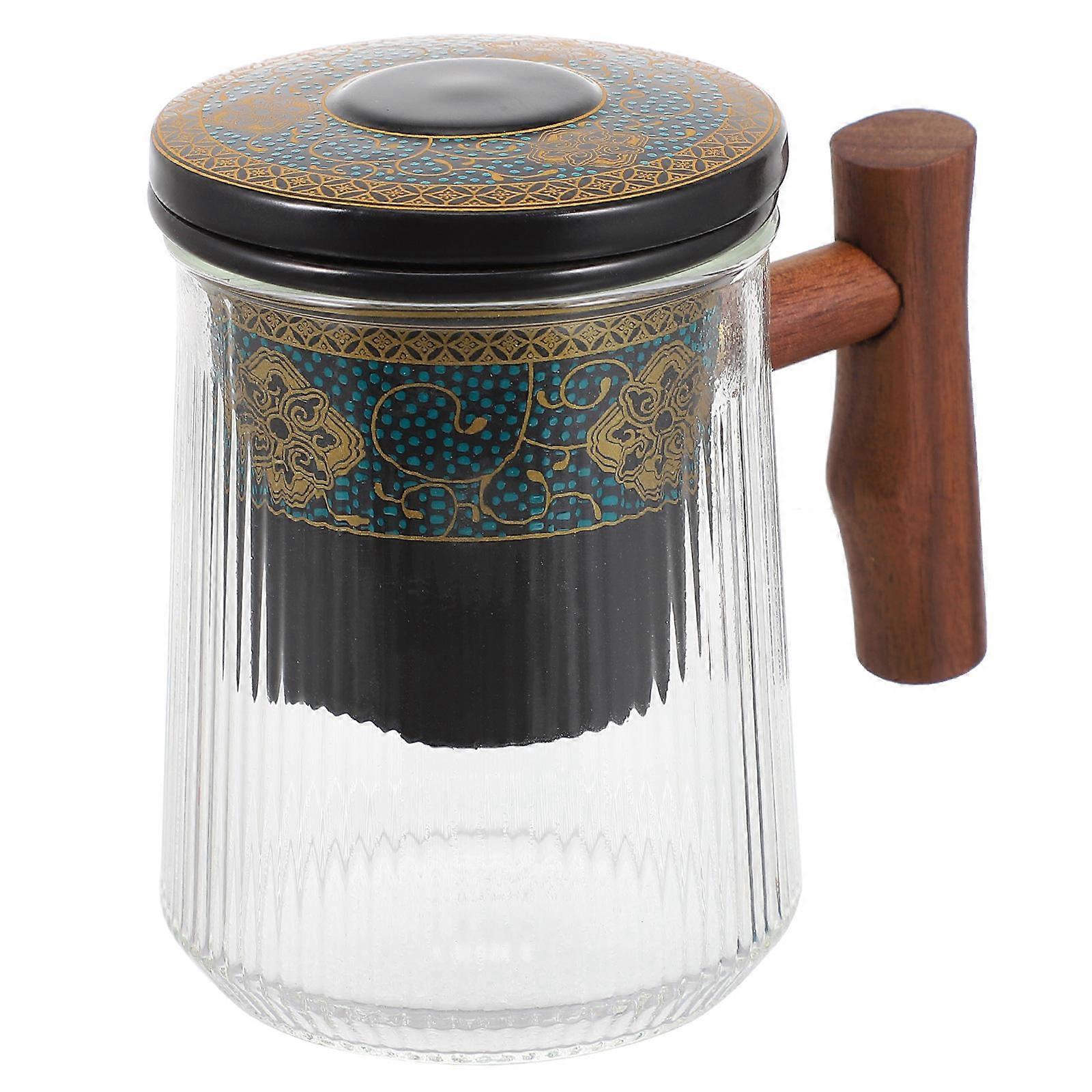 Glass Tea Cup with Infuser for Drinking Use Wooden Handle 2Sets Ceramic