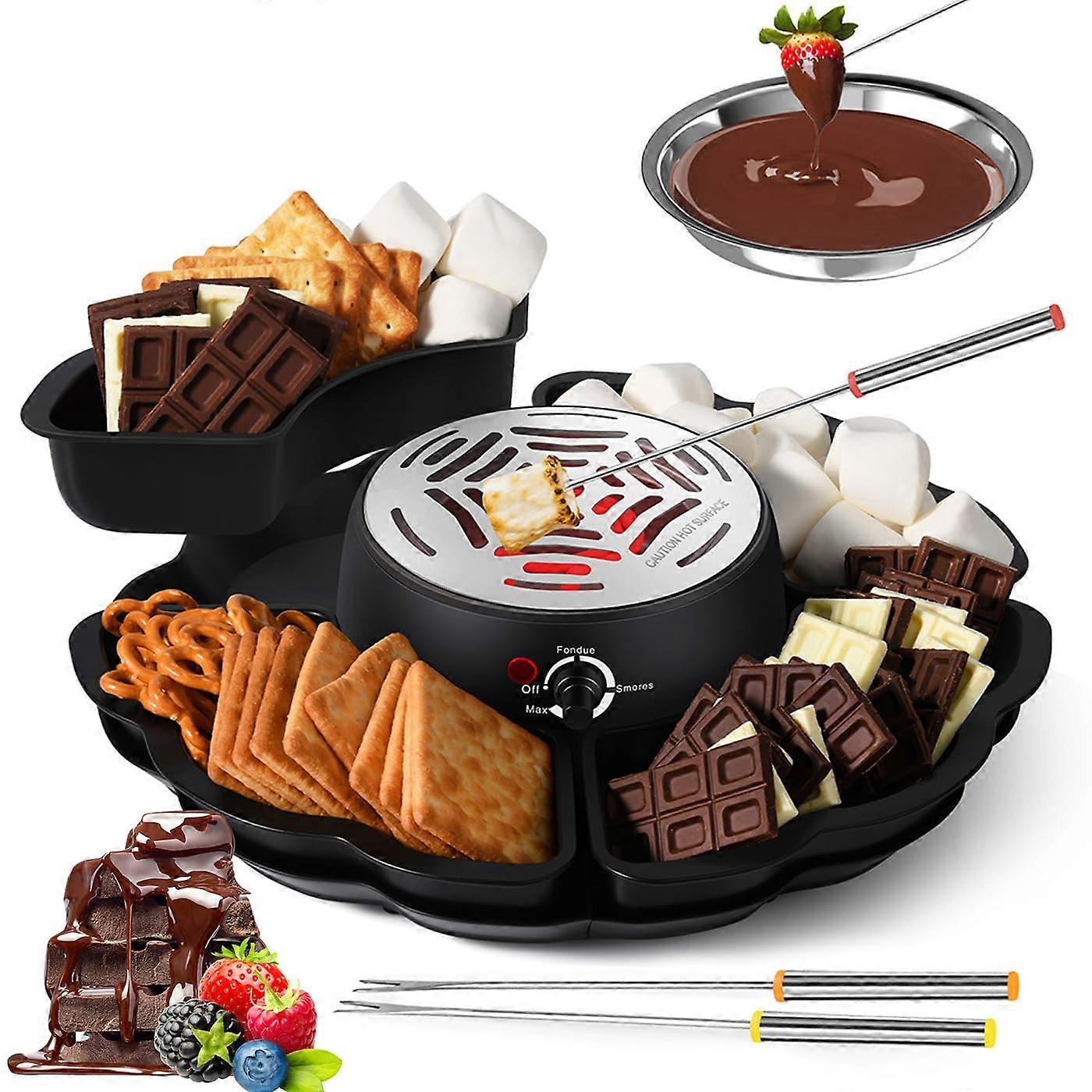 Chocolate Fondue Marshmallow Toasting Kit 2In1 Set 4 Trays And Forks Adjustable Temperature Overheating Protection
