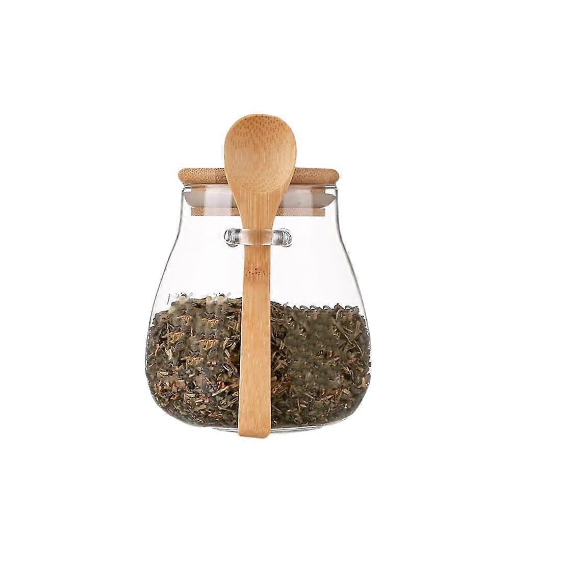 Glass Storage Jar 1 Pc 350ml 12 Oz With Wood Lid And Spoon, Airtight WideMouth Canister