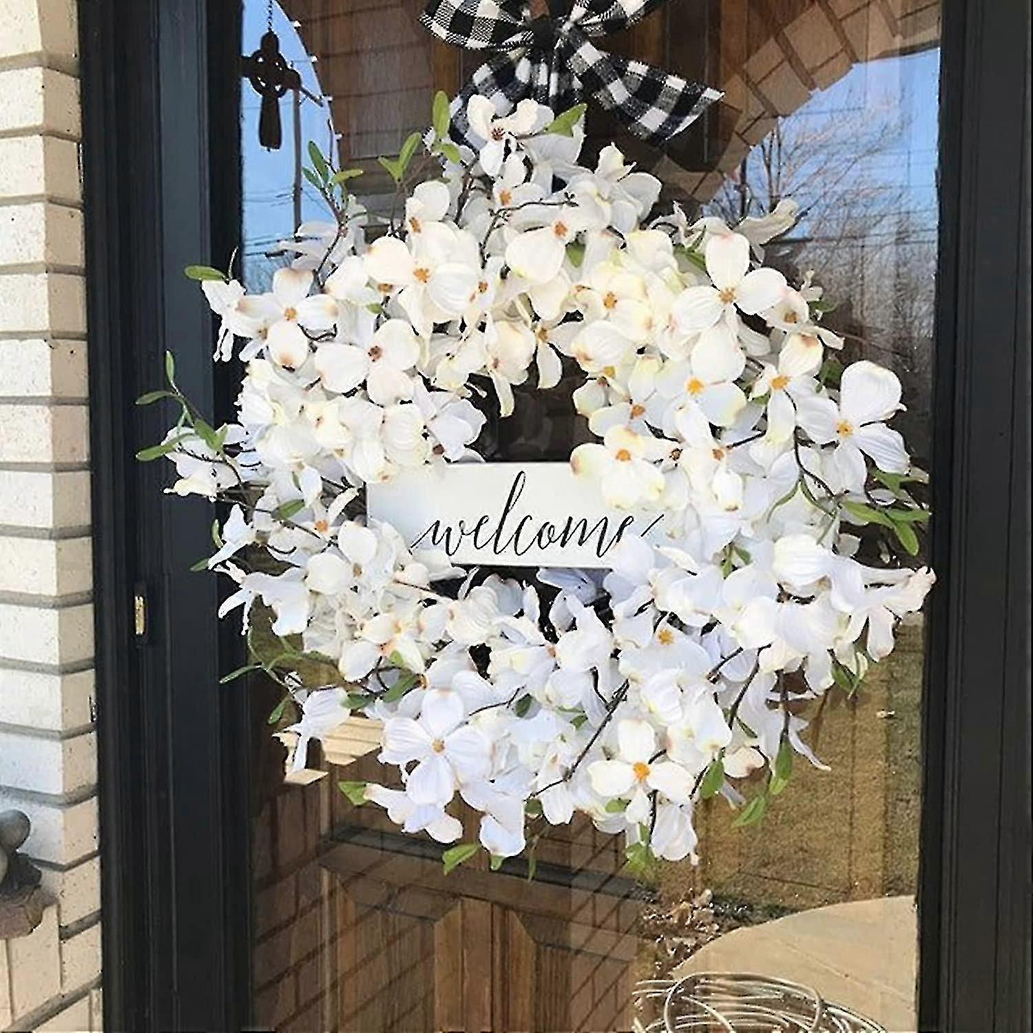 正面玄関用ハナミズキの花輪、春の玄関ドアの花輪、18インチの白いハナミズキのドアの花輪、冬の花輪(白)H