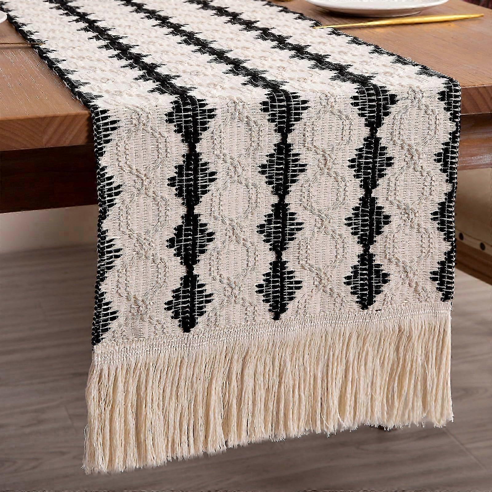 Braided Table Runner Cotton Linen Table Runners with Tassel Long Cream Table Runner Macrame Table Runners for Rustic Home Dining Table Cover30*180cm