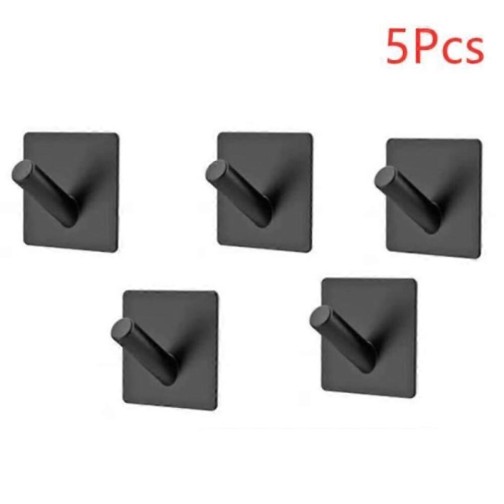 Non-marking hooks, stainless steel, black, 5-pack, sturdy, suitable for bathroom use.