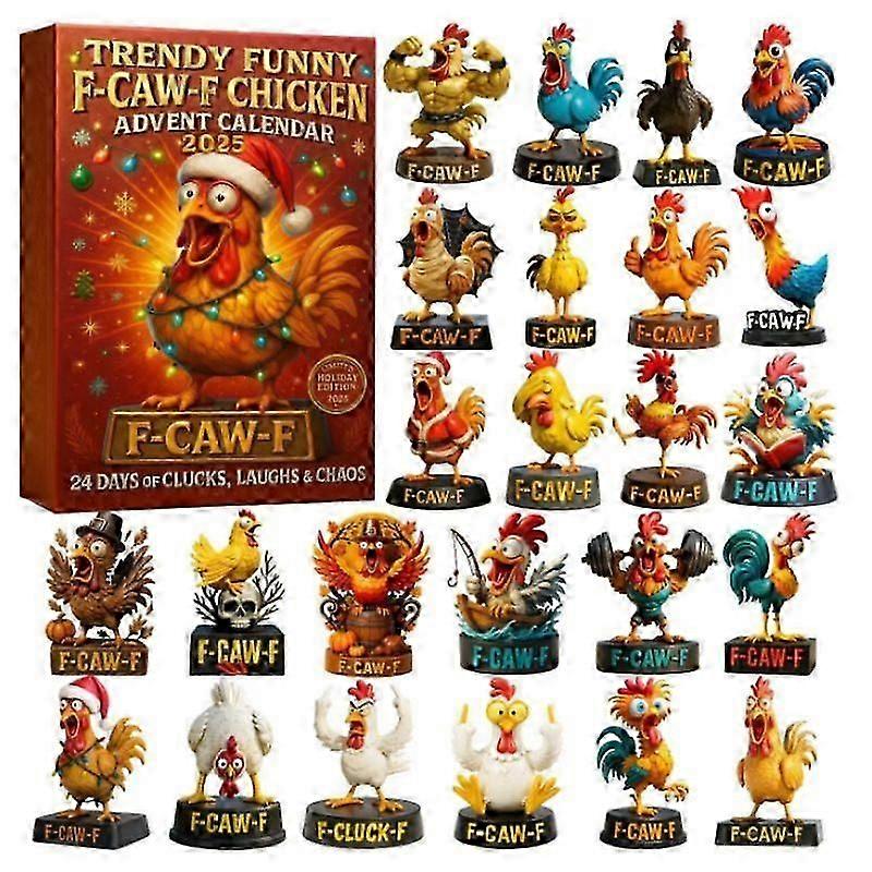 2025F-Caw-F Funny Chicken Advent-Calendar 24 Days Christmas Countdown Calendar with 24 Chicken Shaped 2D Acrylic Decorations, Christmas Gifts